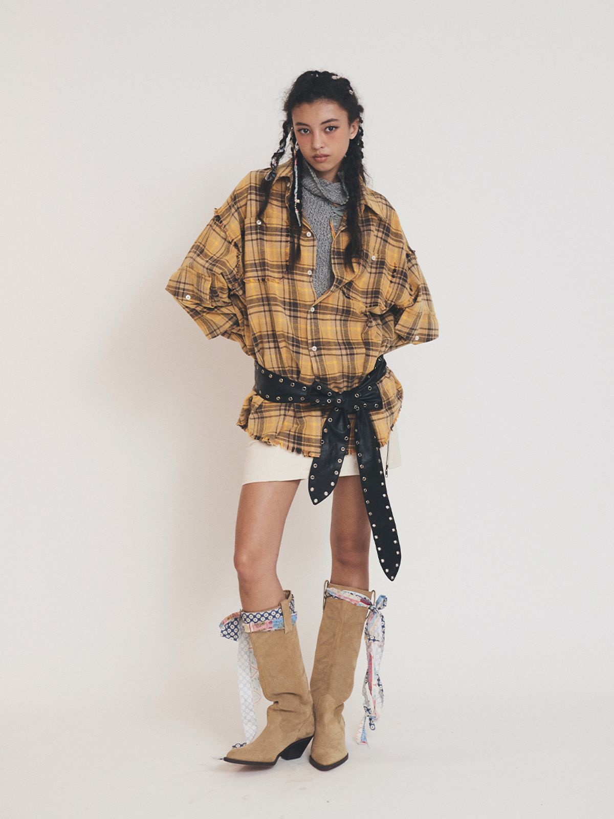 에즈이프 캘리(ASIF CALIE) RAW EDGE CARGO CHECK SHIRT YELLOW