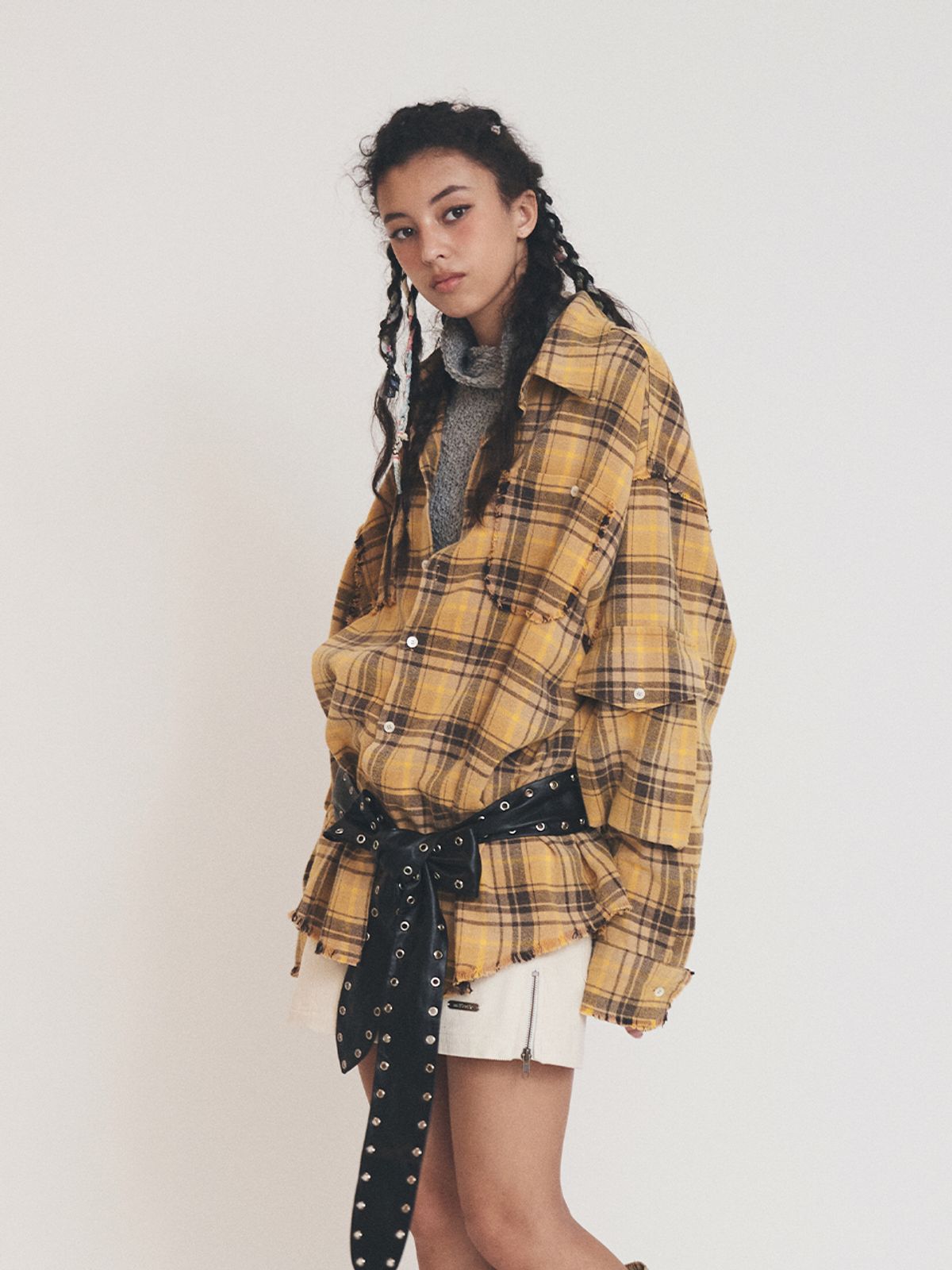 에즈이프 캘리(ASIF CALIE) RAW EDGE CARGO CHECK SHIRT YELLOW