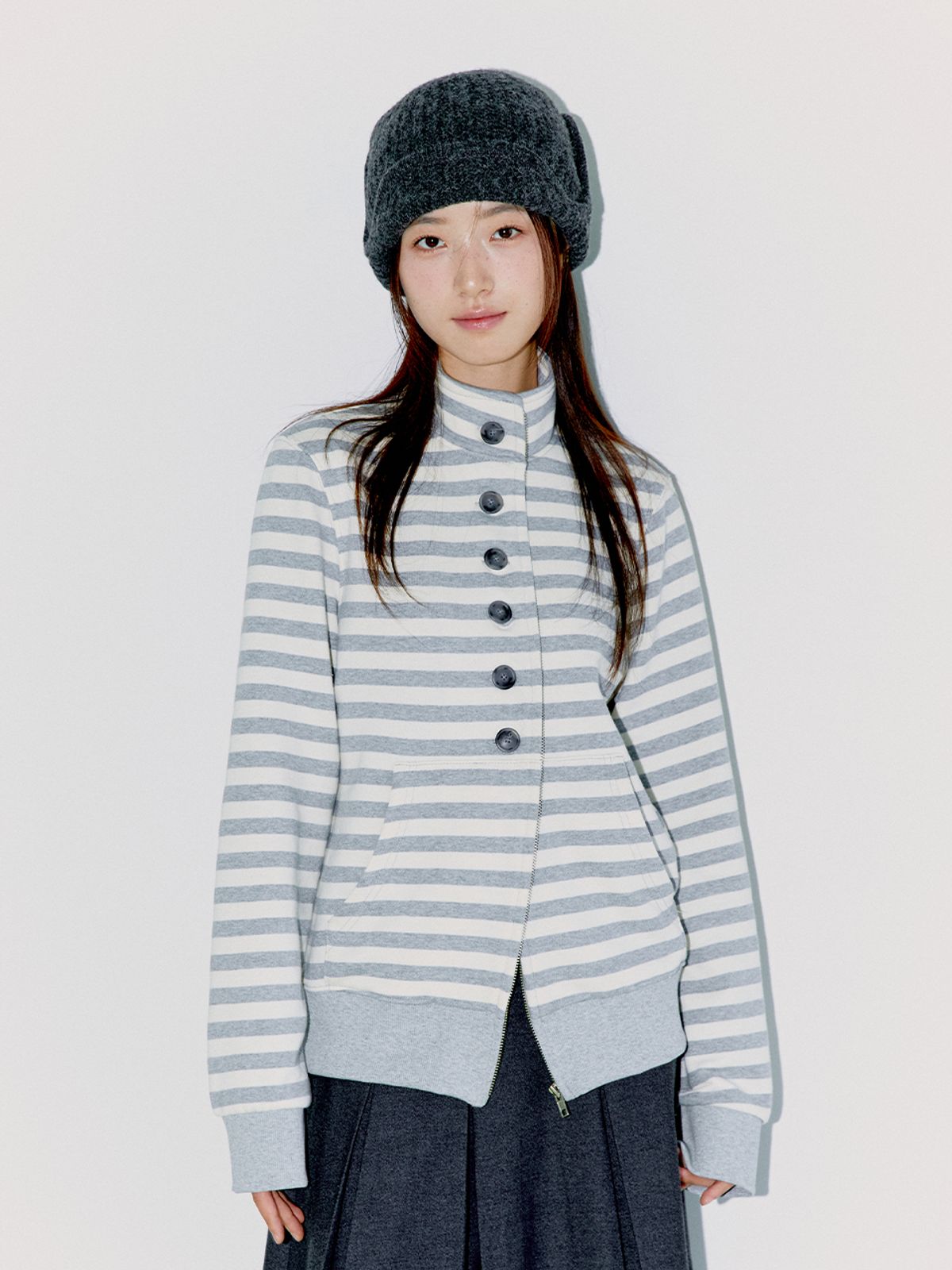 오피쉬(OAFISH) BUTTON STRIPE TWO-WAY ZIP UP MELANGE