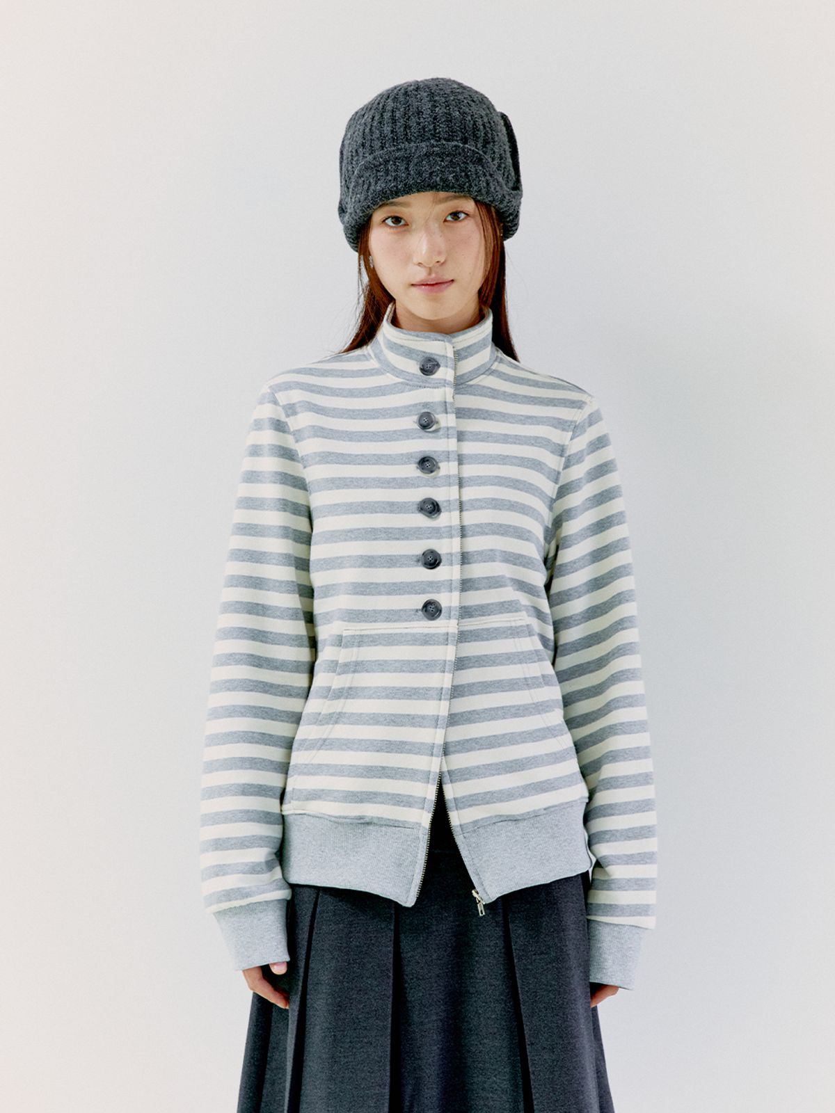 오피쉬(OAFISH) BUTTON STRIPE TWO-WAY ZIP UP MELANGE
