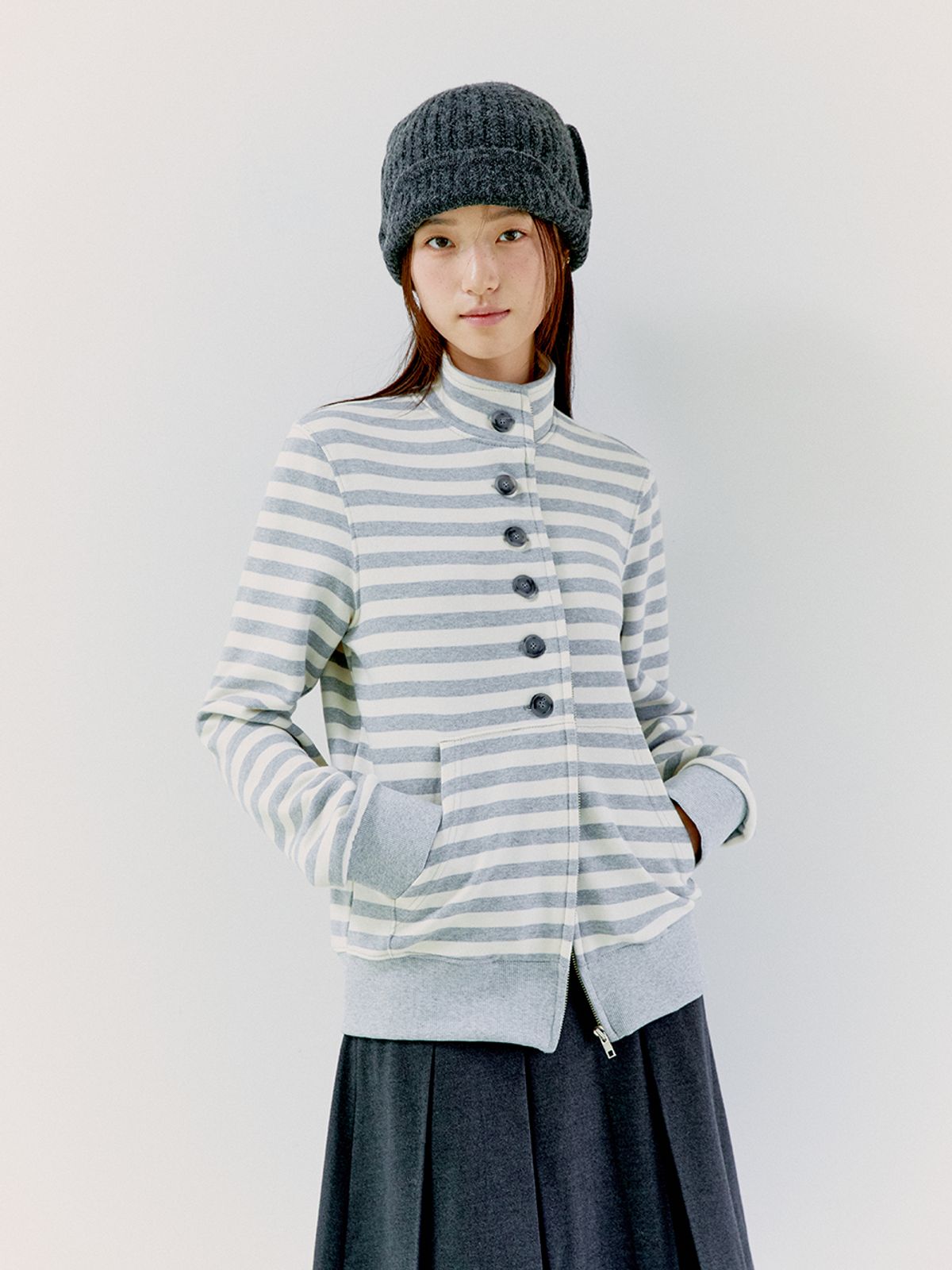 오피쉬(OAFISH) BUTTON STRIPE TWO-WAY ZIP UP MELANGE