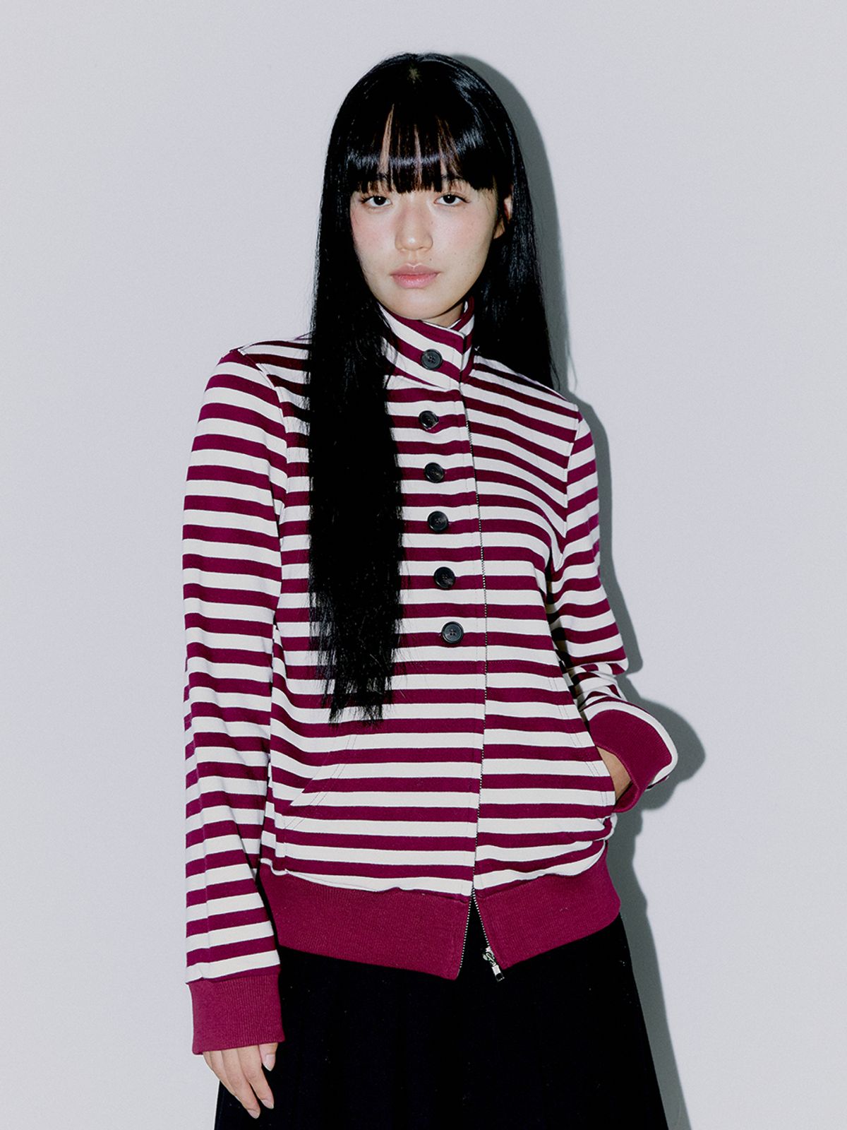 오피쉬(OAFISH) BUTTON STRIPE TWO-WAY ZIP UP BURGUNDY