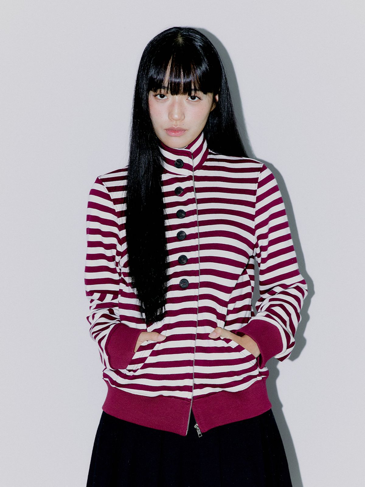 오피쉬(OAFISH) BUTTON STRIPE TWO-WAY ZIP UP BURGUNDY