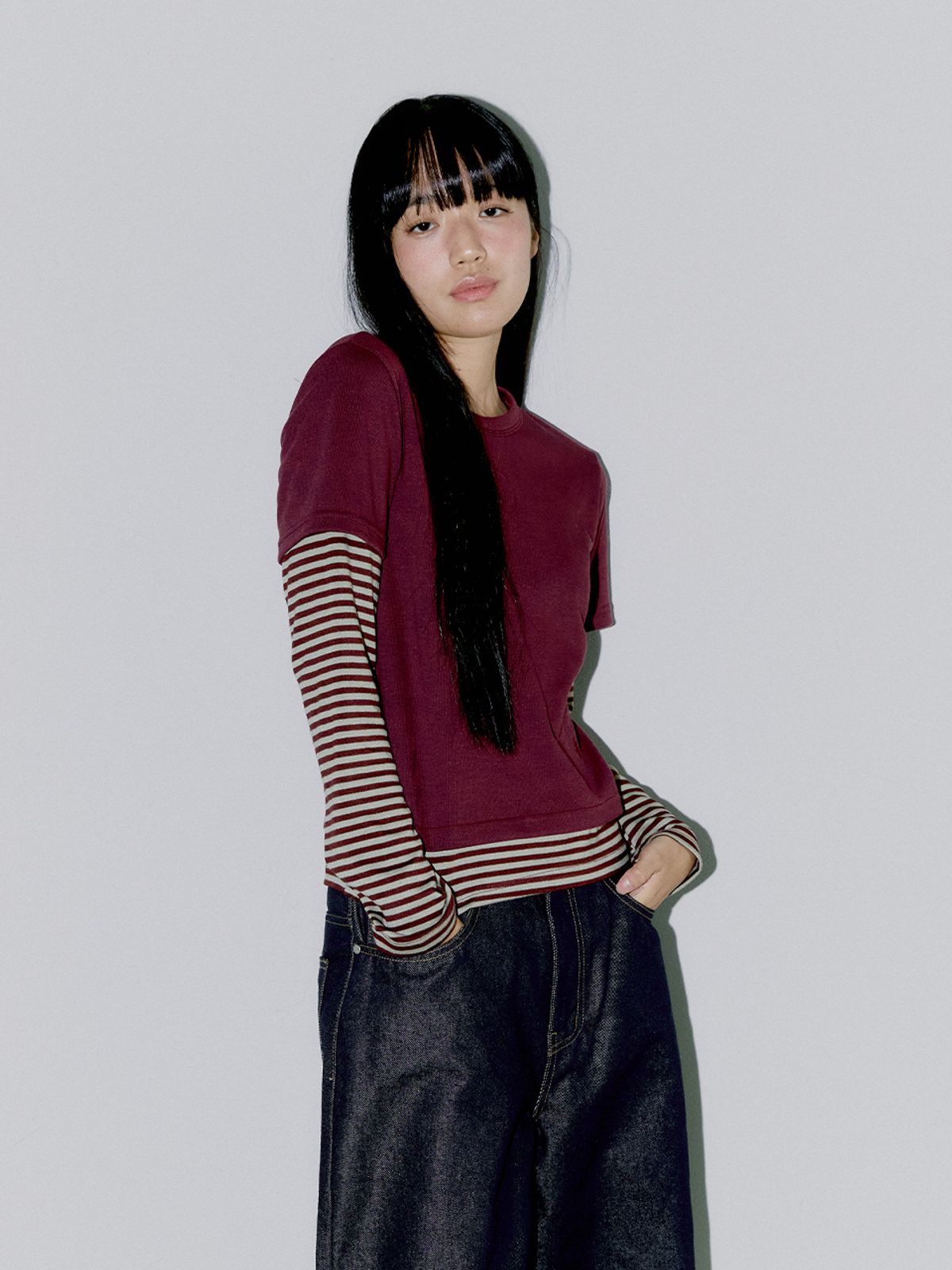 오피쉬(OAFISH) STRIPE LAYERED LONG SLEEVE, BURGUNDY