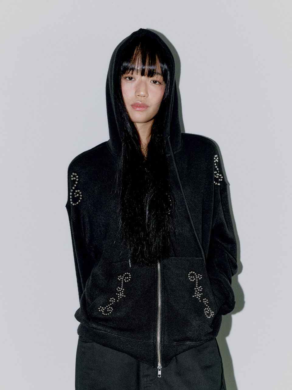 MUSINSA公式 | OAFISH STUDDED TWO-WAY HOODIE ZIP UP, BLACK