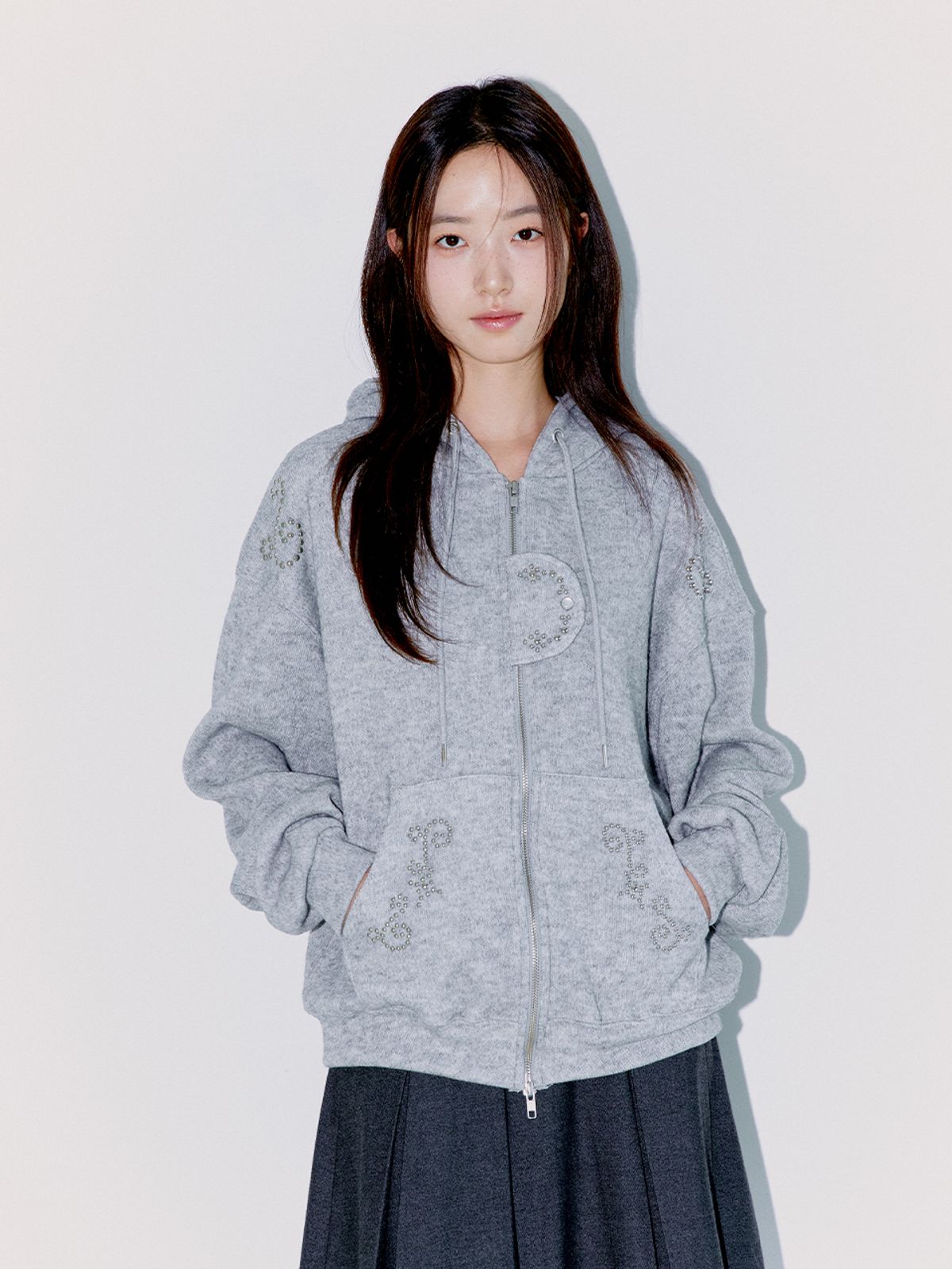 오피쉬(OAFISH) STUDDED TWO-WAY HOODIE ZIP UP, MELANGE