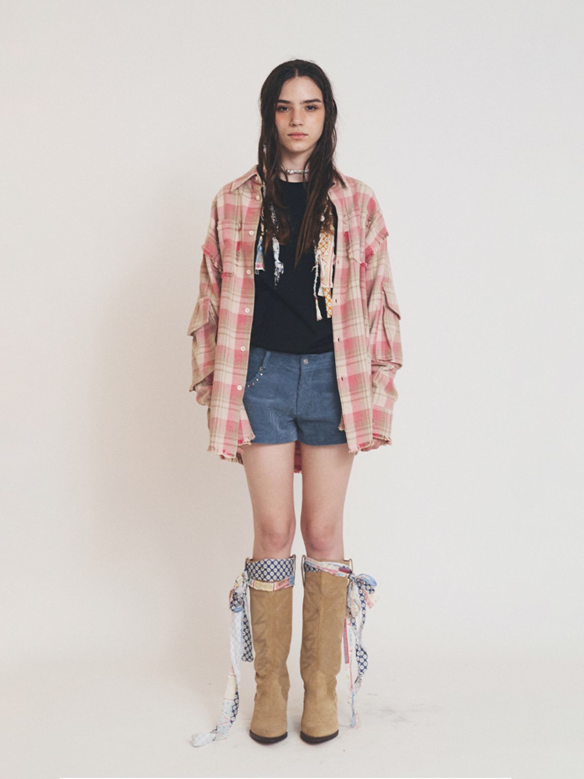 에즈이프 캘리(ASIF CALIE) RAW EDGE CARGO CHECK SHIRT PINK