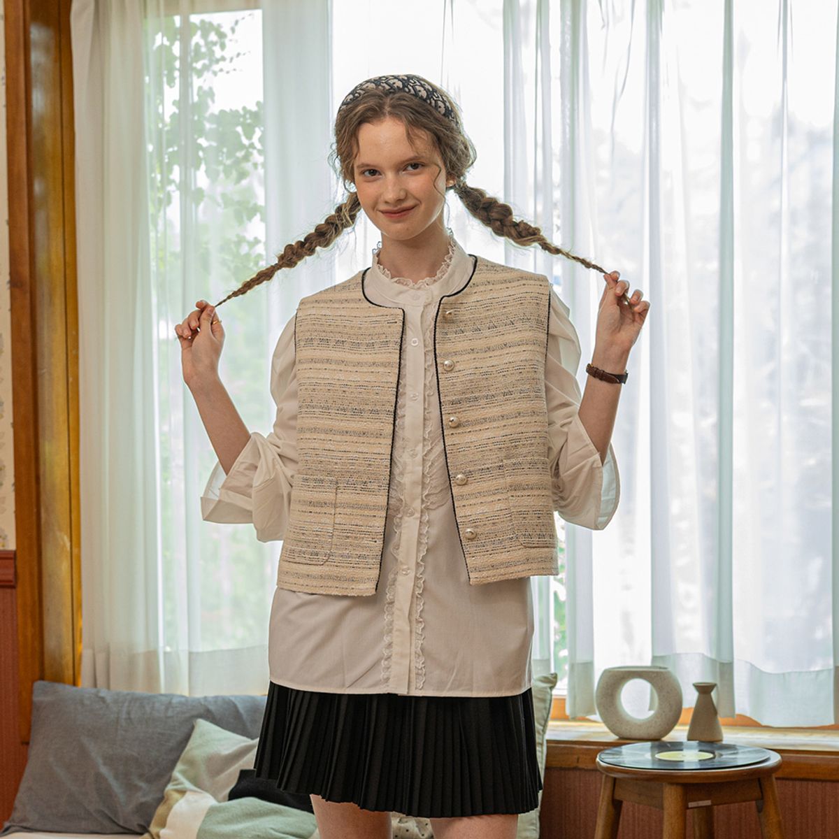 던드롭(DUNDROP) DD_Tweed button pocket vest_IVORY