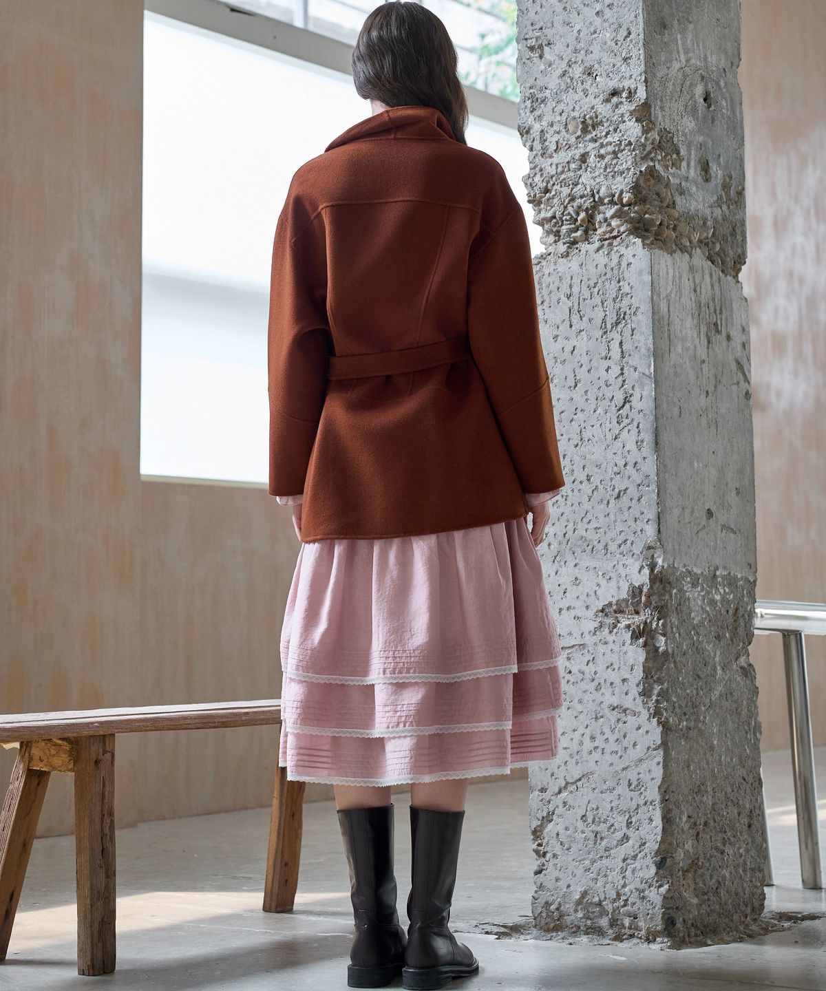 미테(MITTE) SHAWL COLLAR HANDMADE HALF COAT_BROWN