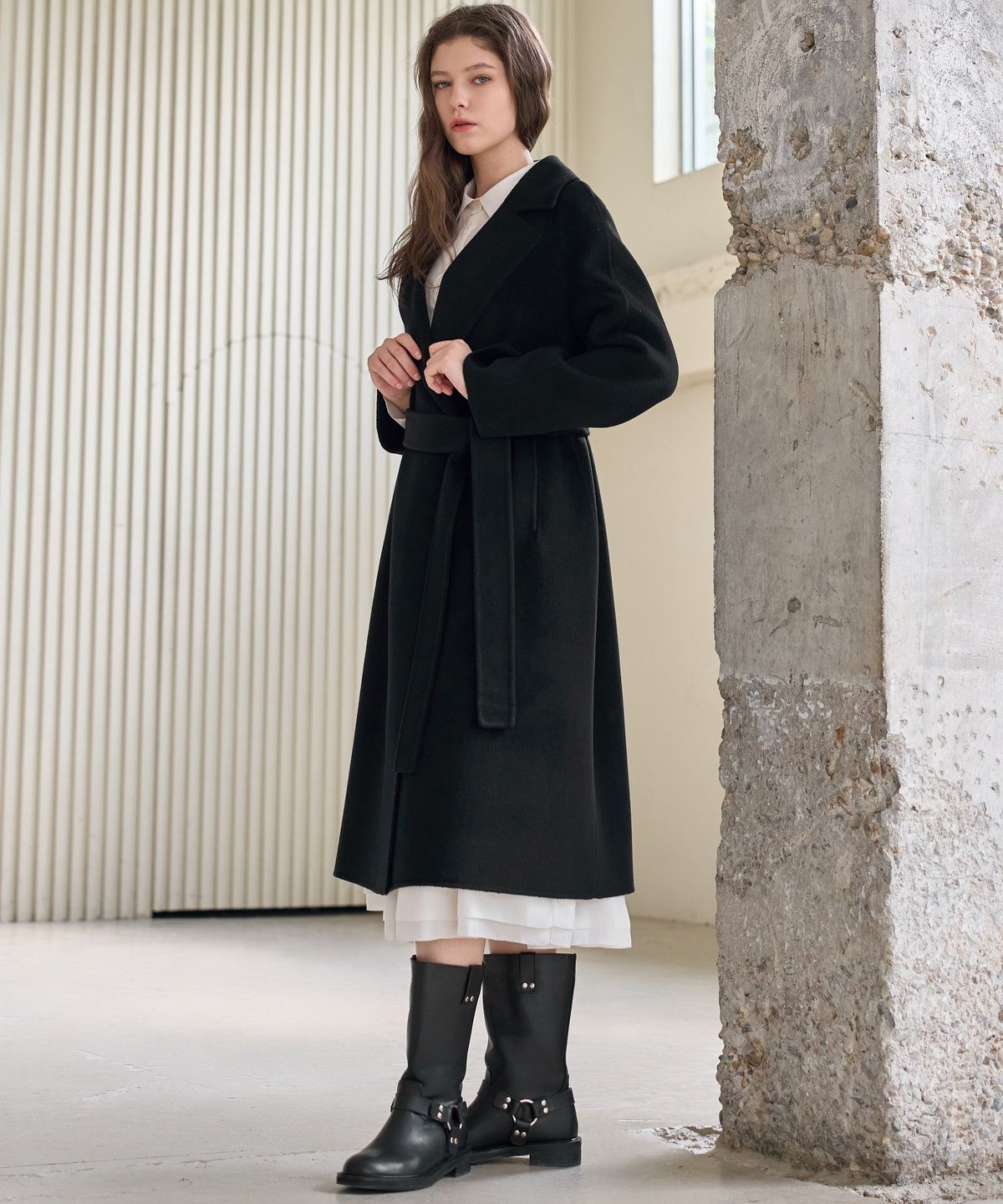 미테(MITTE) BELTED HANDMADE OPEN COAT_BLACK