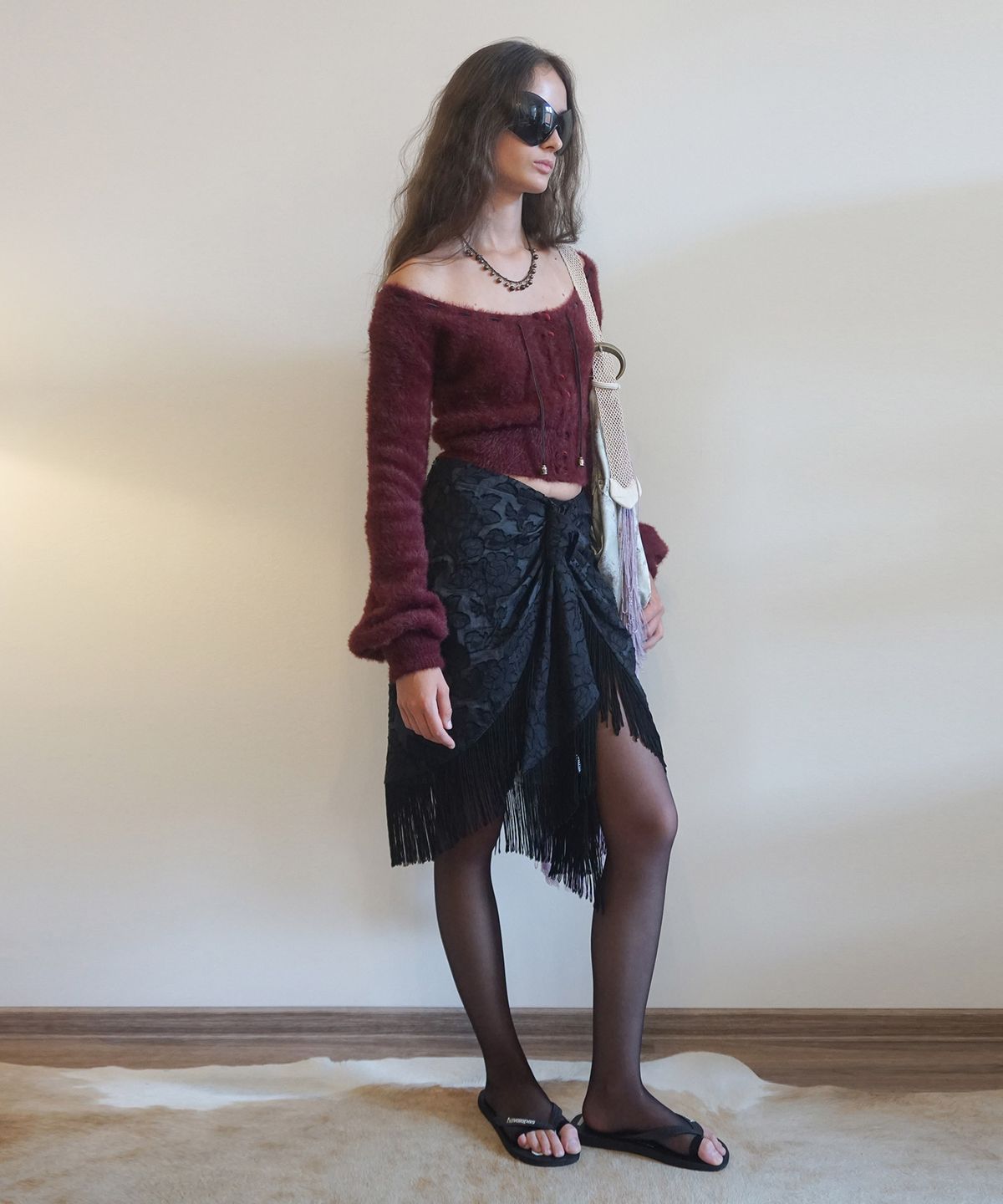 스컬프터(SCULPTOR) Fringe Tie Skirt Black/Ice Blue