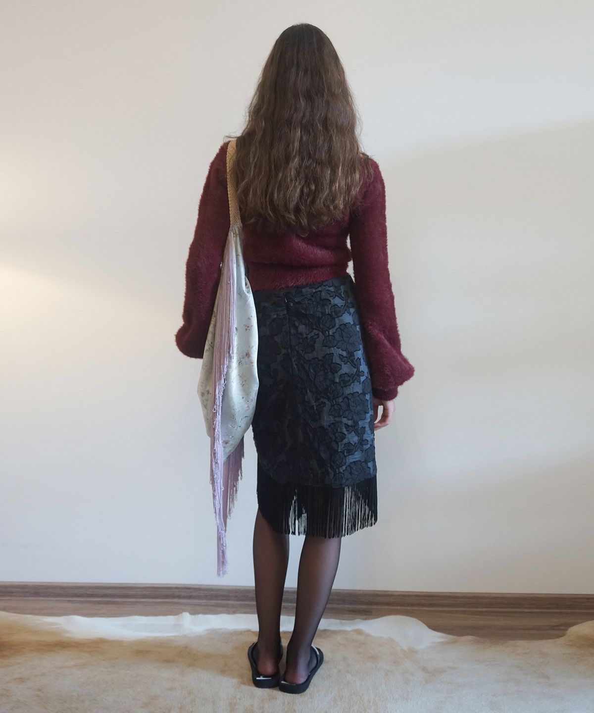 스컬프터(SCULPTOR) Fringe Tie Skirt Black/Ice Blue