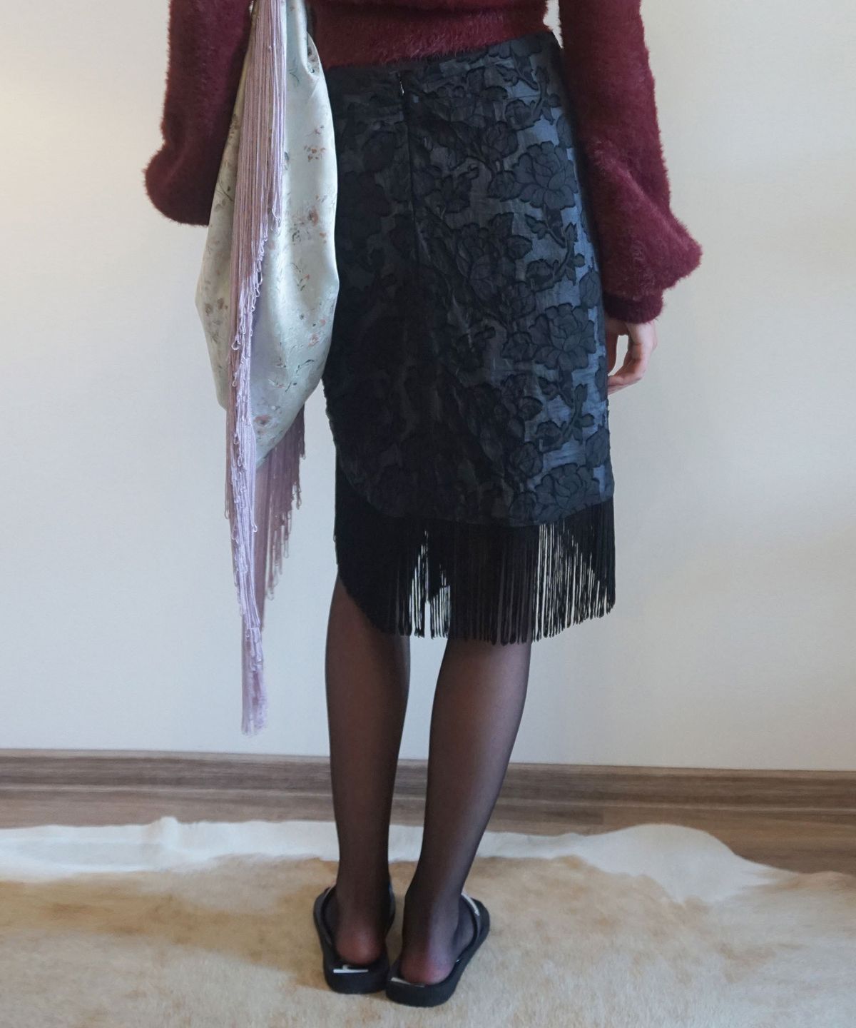 스컬프터(SCULPTOR) Fringe Tie Skirt Black/Ice Blue