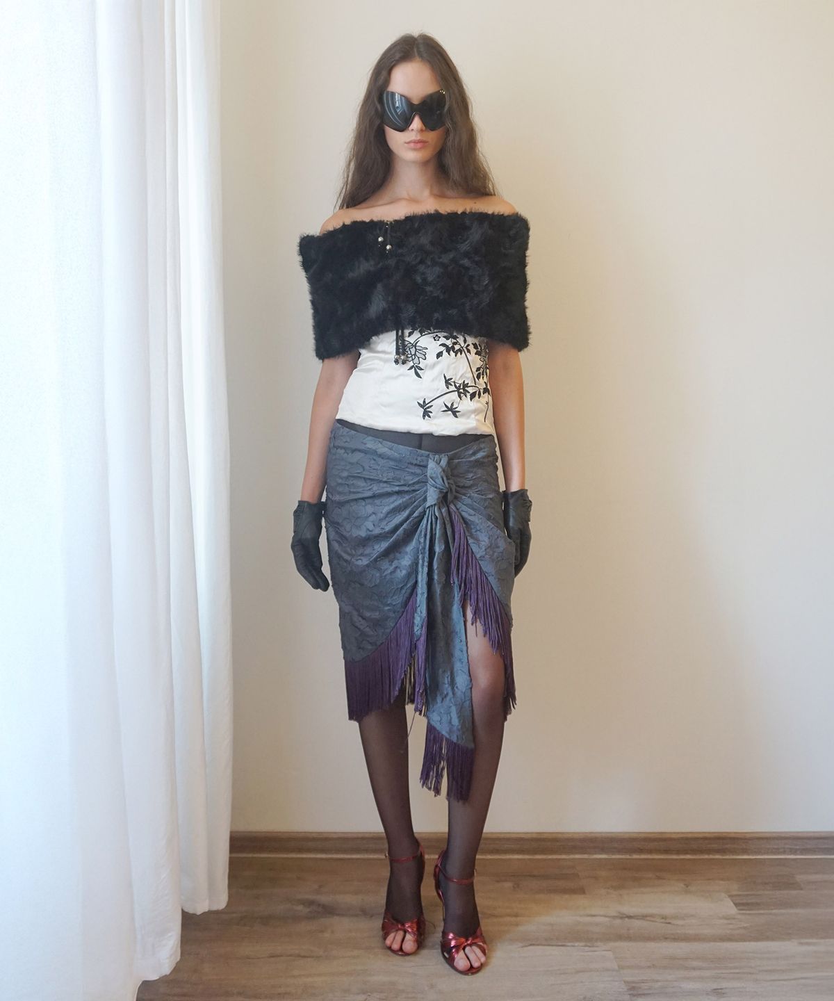 스컬프터(SCULPTOR) Fringe Tie Skirt Charcoal/Purple