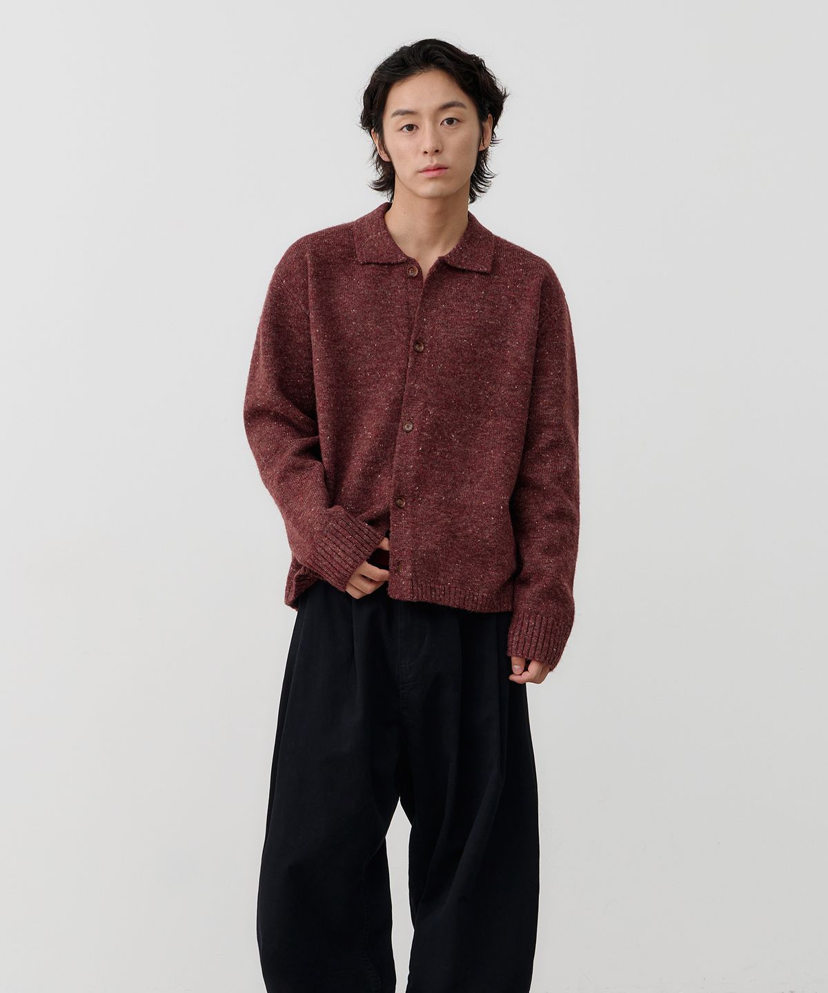 노운(NOUN) nep yarn collar cardigan (wine)