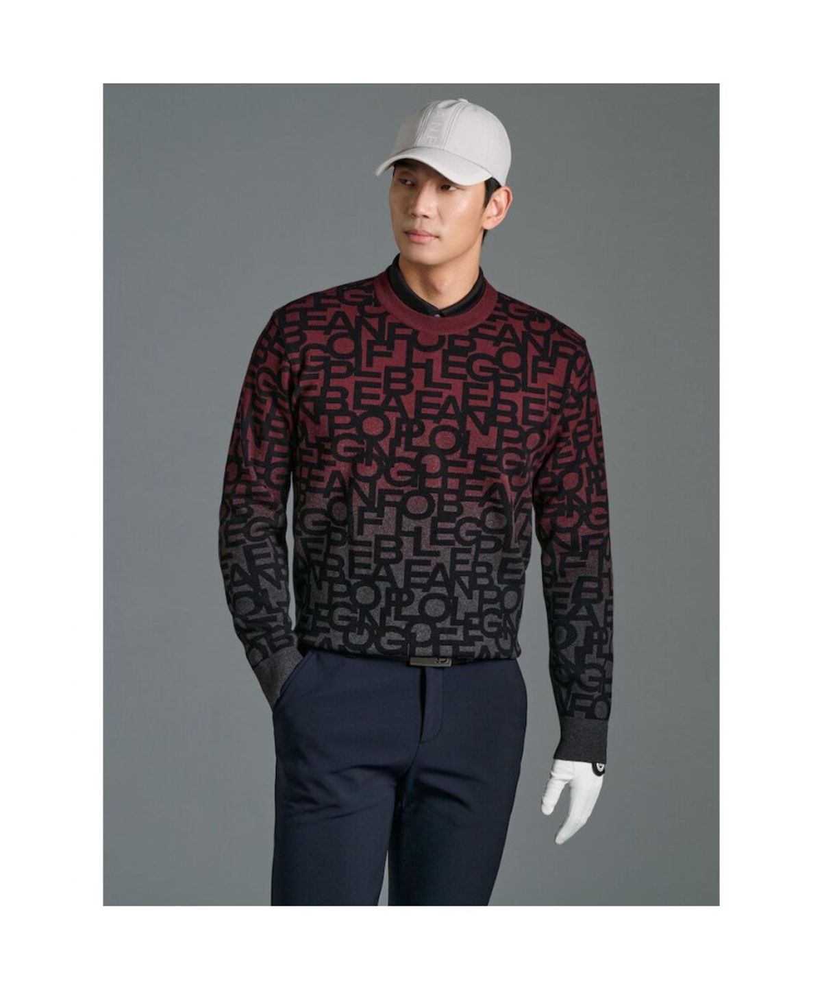 빈폴골프(BEANPOLE GOLF) 남성 로고 자카드 그라데이션 니트 - 와인