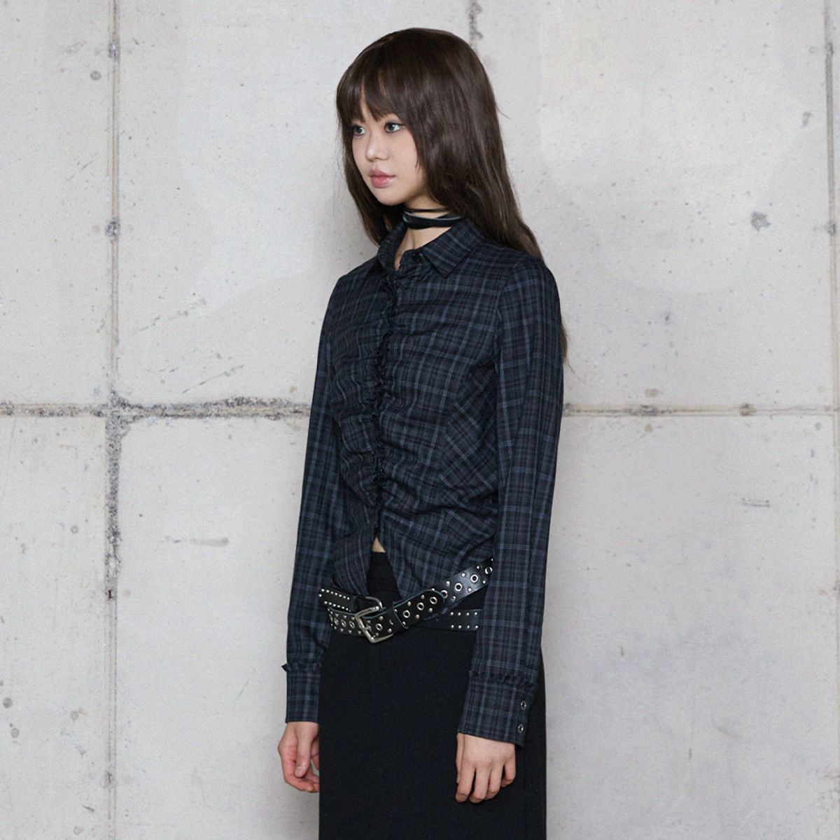 라라폭스(LALAFOX) FRILL SLIM CHECK SHIRT NAVY 체크셔츠 BR4WB001