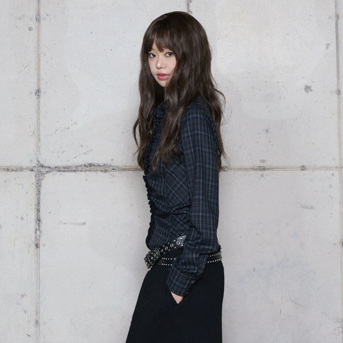 라라폭스(LALAFOX) FRILL SLIM CHECK SHIRT NAVY 체크셔츠 BR4WB001