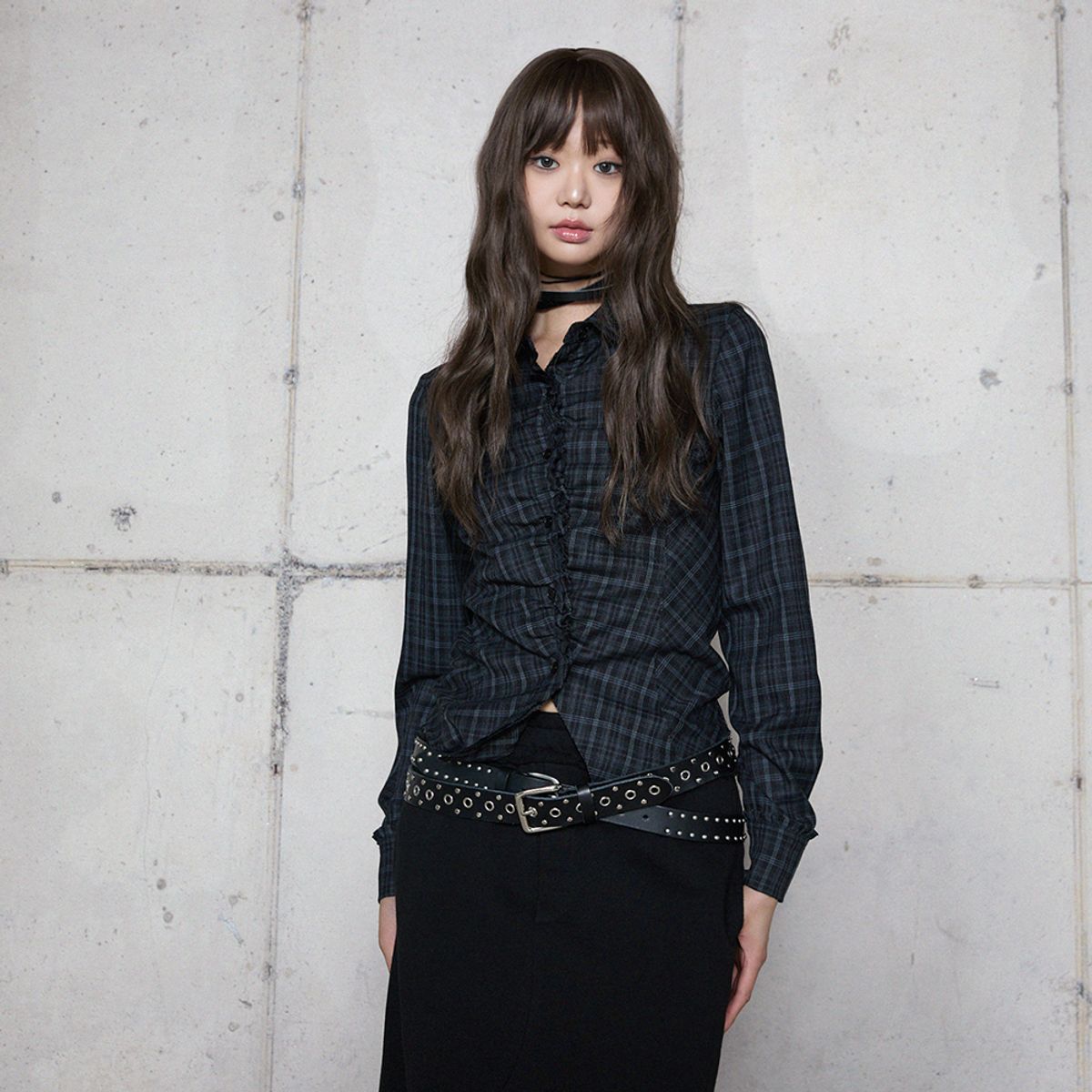 라라폭스(LALAFOX) FRILL SLIM CHECK SHIRT NAVY 체크셔츠 BR4WB001