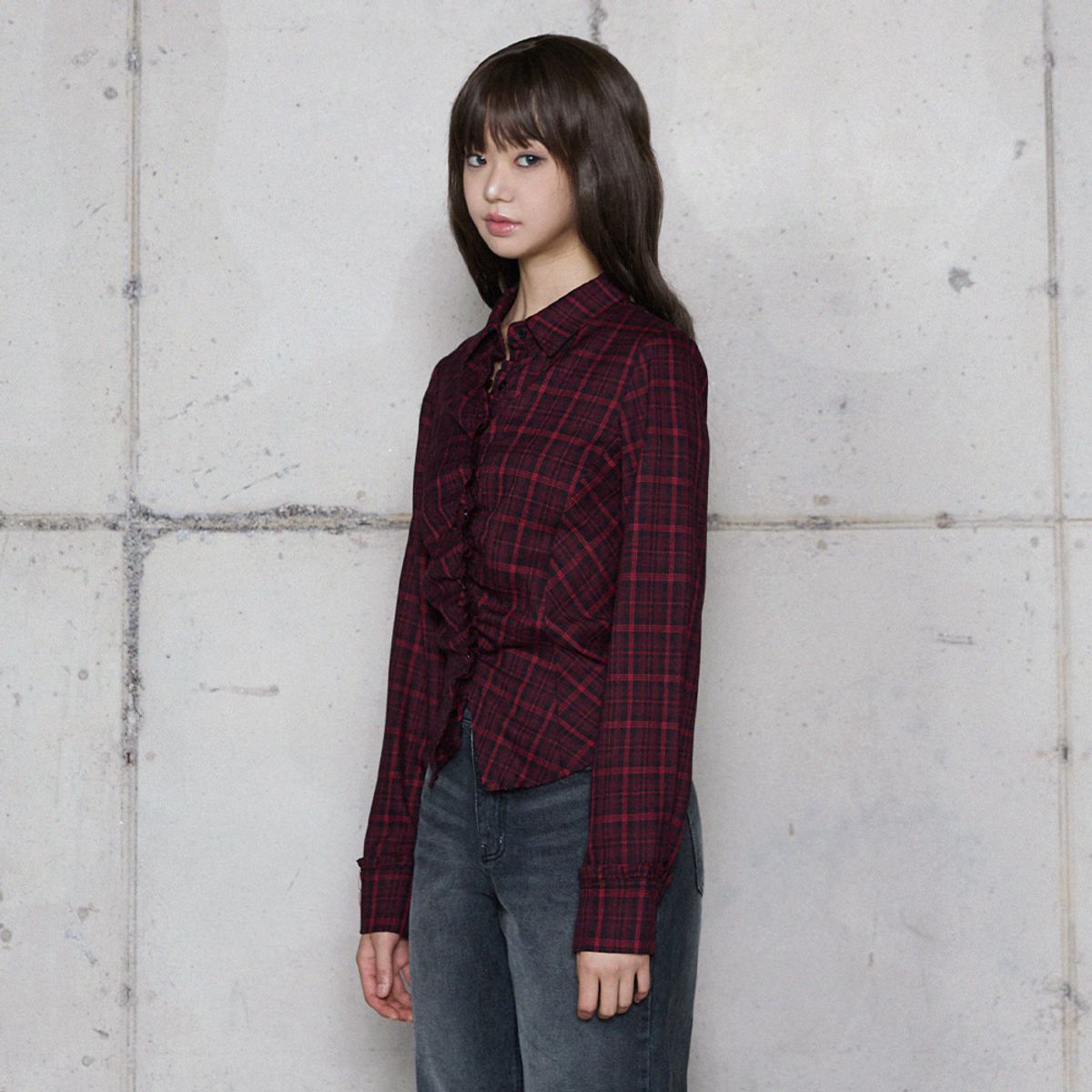 라라폭스(LALAFOX) FRILL SLIM CHECK SHIRT RED 체크셔츠 BR4WB002