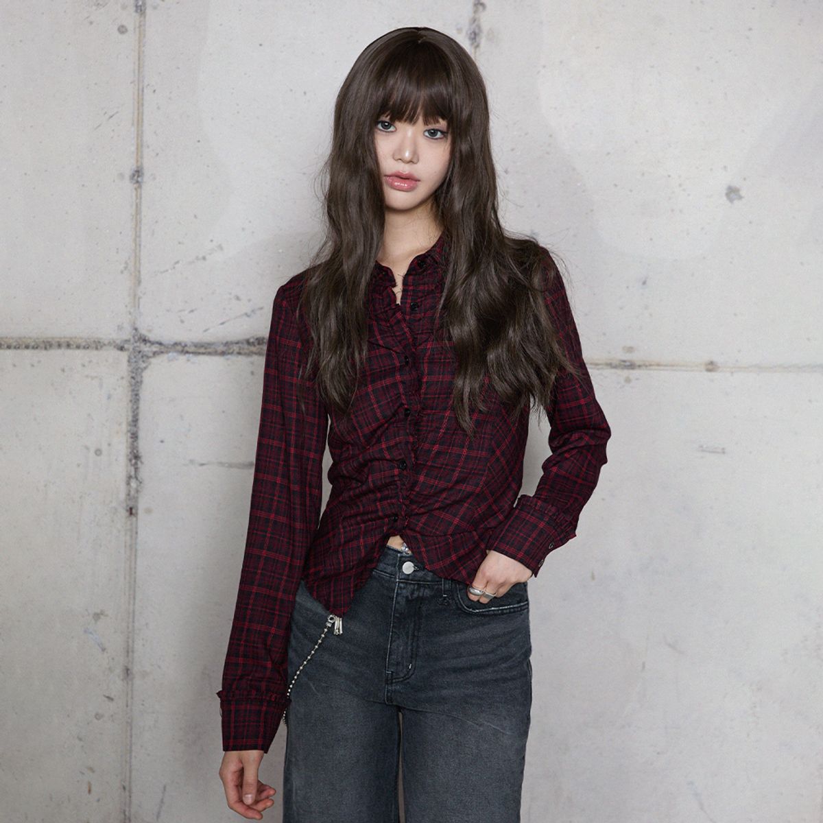 라라폭스(LALAFOX) FRILL SLIM CHECK SHIRT RED 체크셔츠 BR4WB002