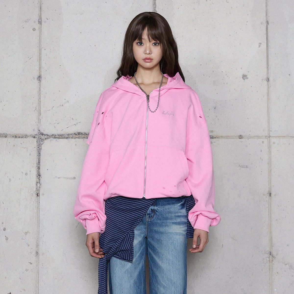 라라폭스(LALAFOX) DESTROYED HOODIE ZIP-UP PINK 후드 집업 BR4CJ002