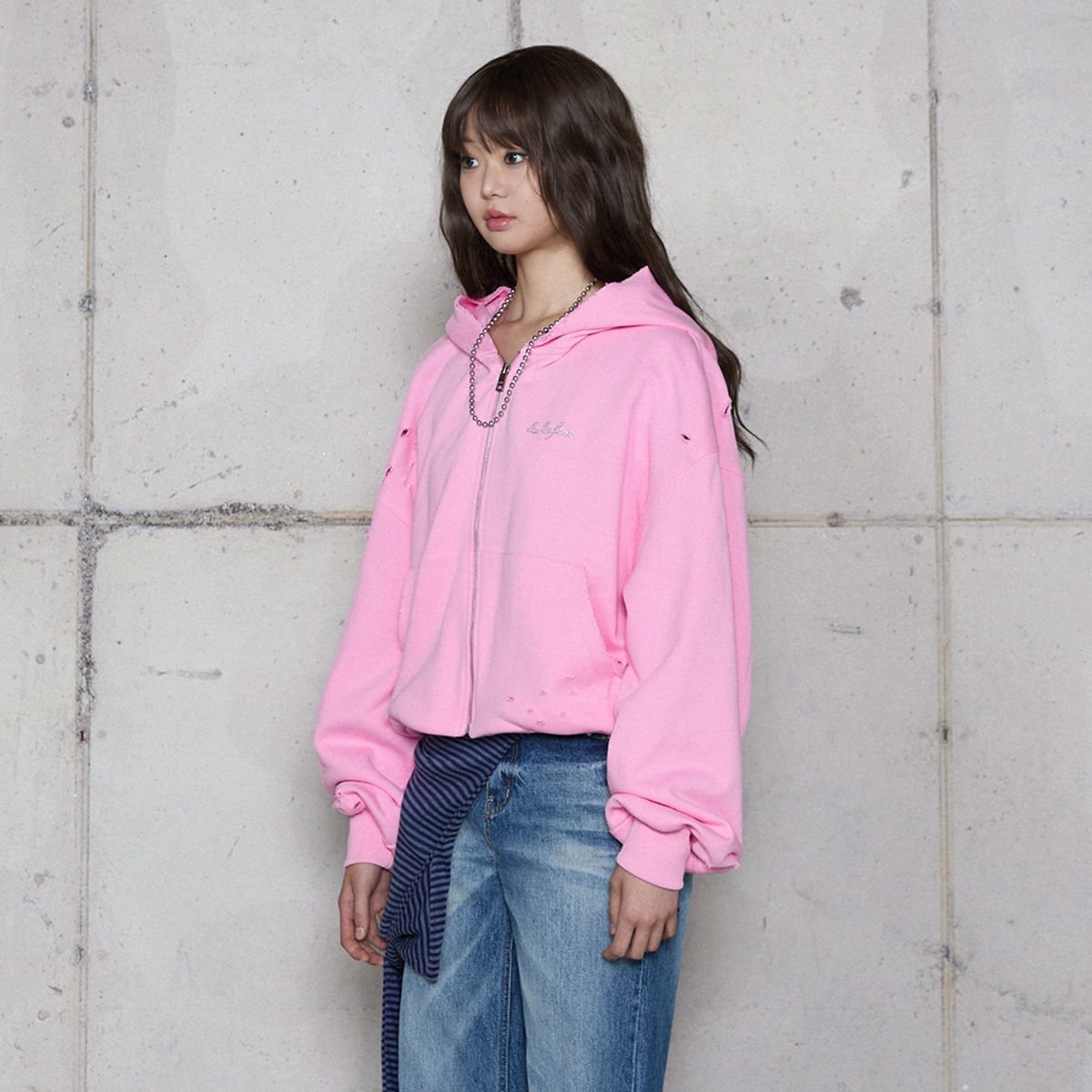 라라폭스(LALAFOX) DESTROYED HOODIE ZIP-UP PINK 후드 집업 BR4CJ002