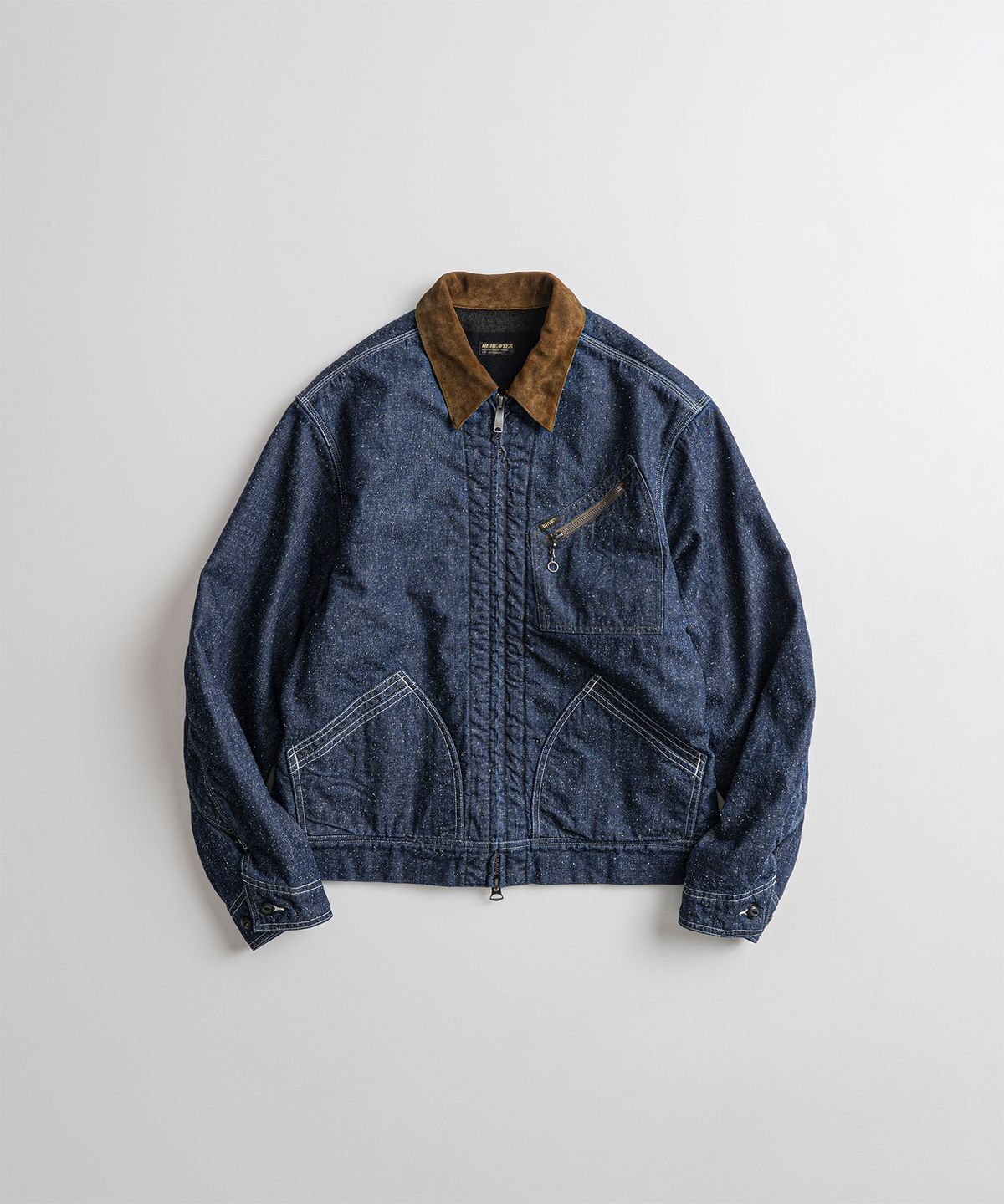 비헤비어(BEHEAVYER) WASHED LEATHER COLLAR SPORTS JACKET denim washed