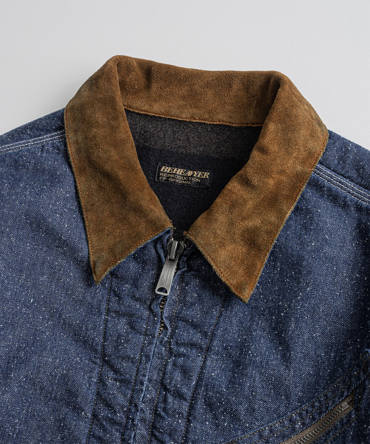 비헤비어(BEHEAVYER) WASHED LEATHER COLLAR SPORTS JACKET denim washed