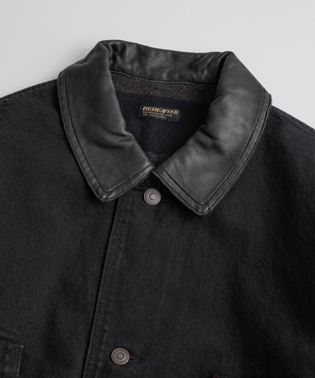 비헤비어(BEHEAVYER) WASHED LEATHER COLLAR COVERALL JACKET black
