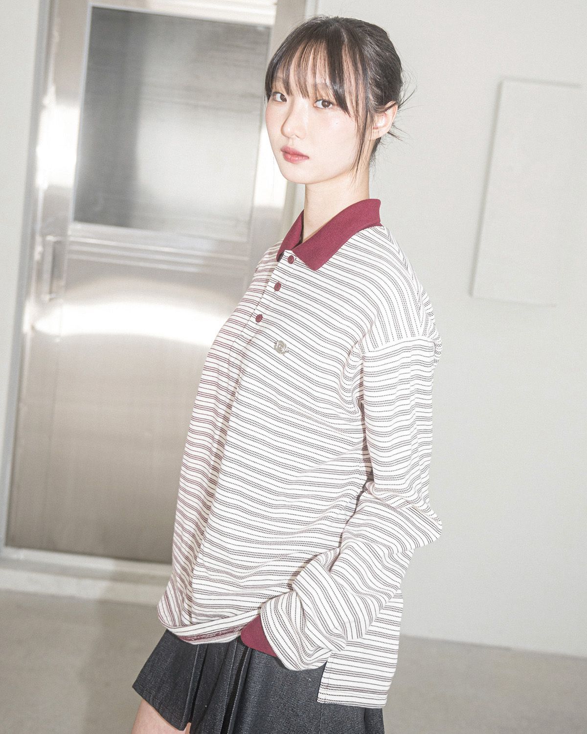 해비즘(HAVISM) AURORA STRIPE COLLAR L/S TEE(IVORY)