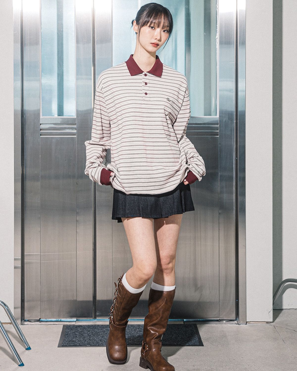해비즘(HAVISM) AURORA STRIPE COLLAR L/S TEE(IVORY)