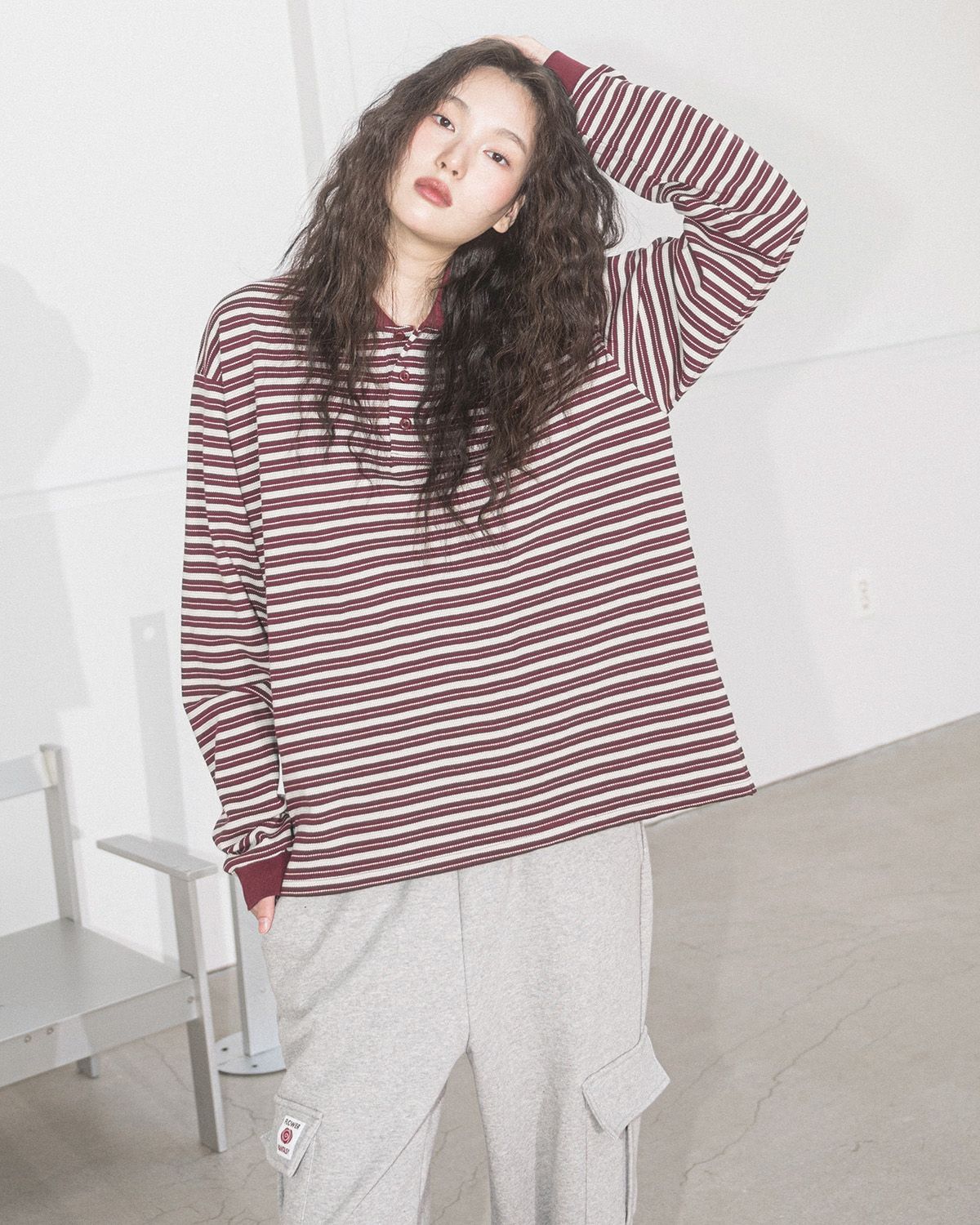 해비즘(HAVISM) AURORA STRIPE COLLAR L/S TEE(WINE)