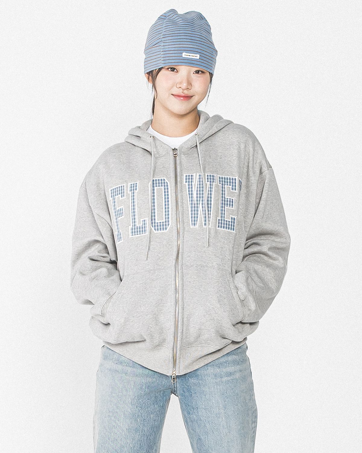해비즘(HAVISM) CHECK PATCH FLOWER ZIP UP HOOD(GREY)