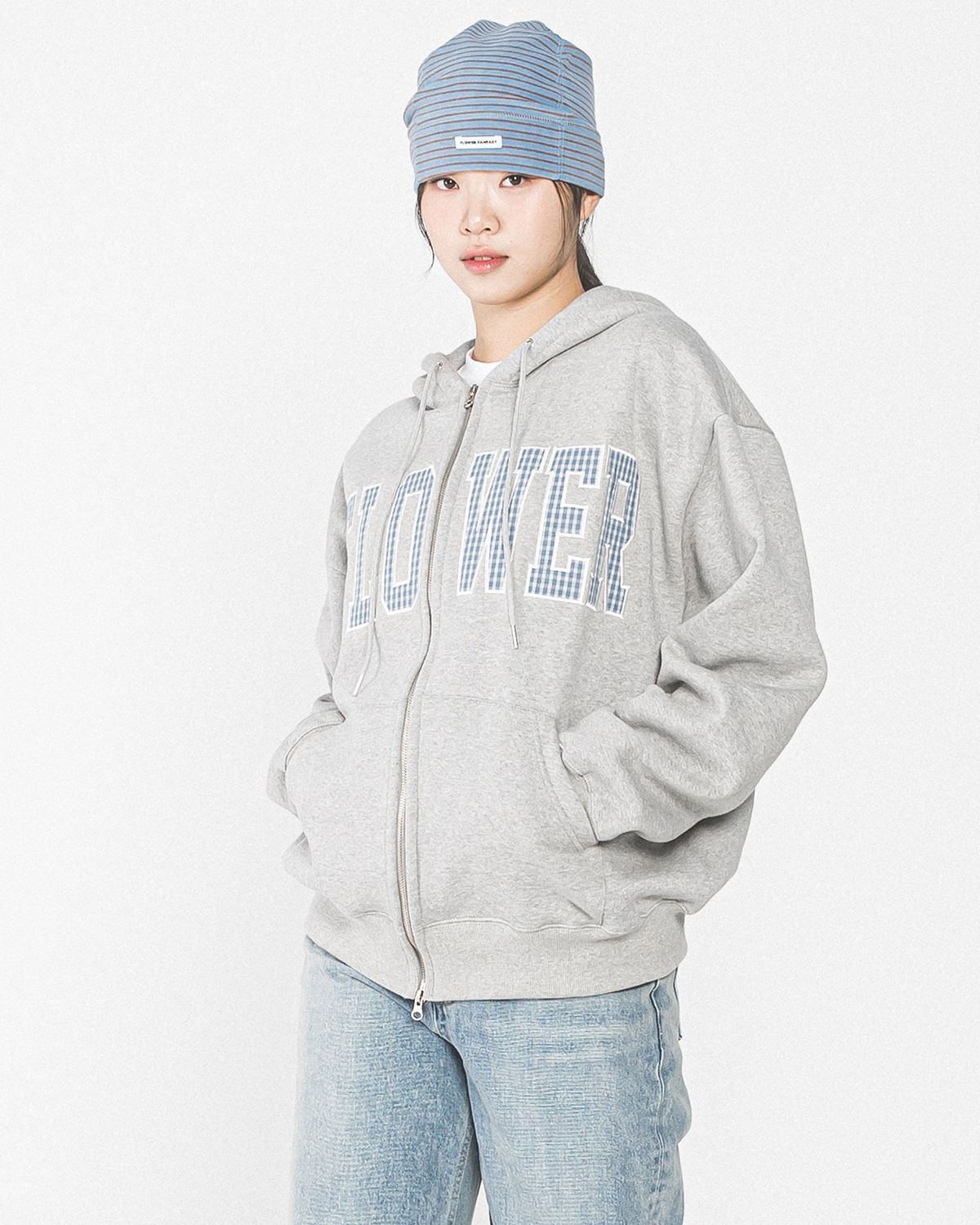 해비즘(HAVISM) CHECK PATCH FLOWER ZIP UP HOOD(GREY)