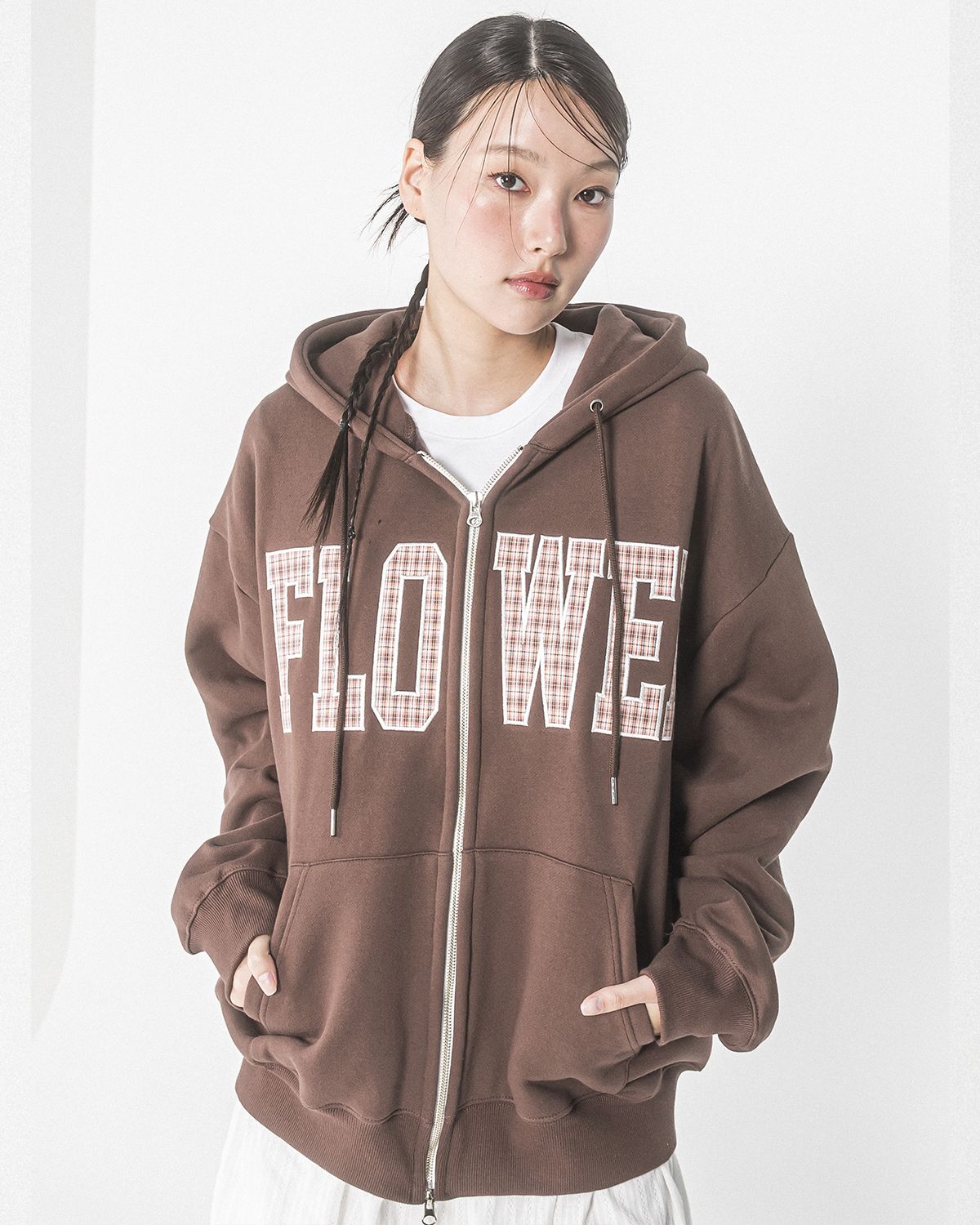 해비즘(HAVISM) CHECK PATCH FLOWER ZIP UP HOOD(BROWN)
