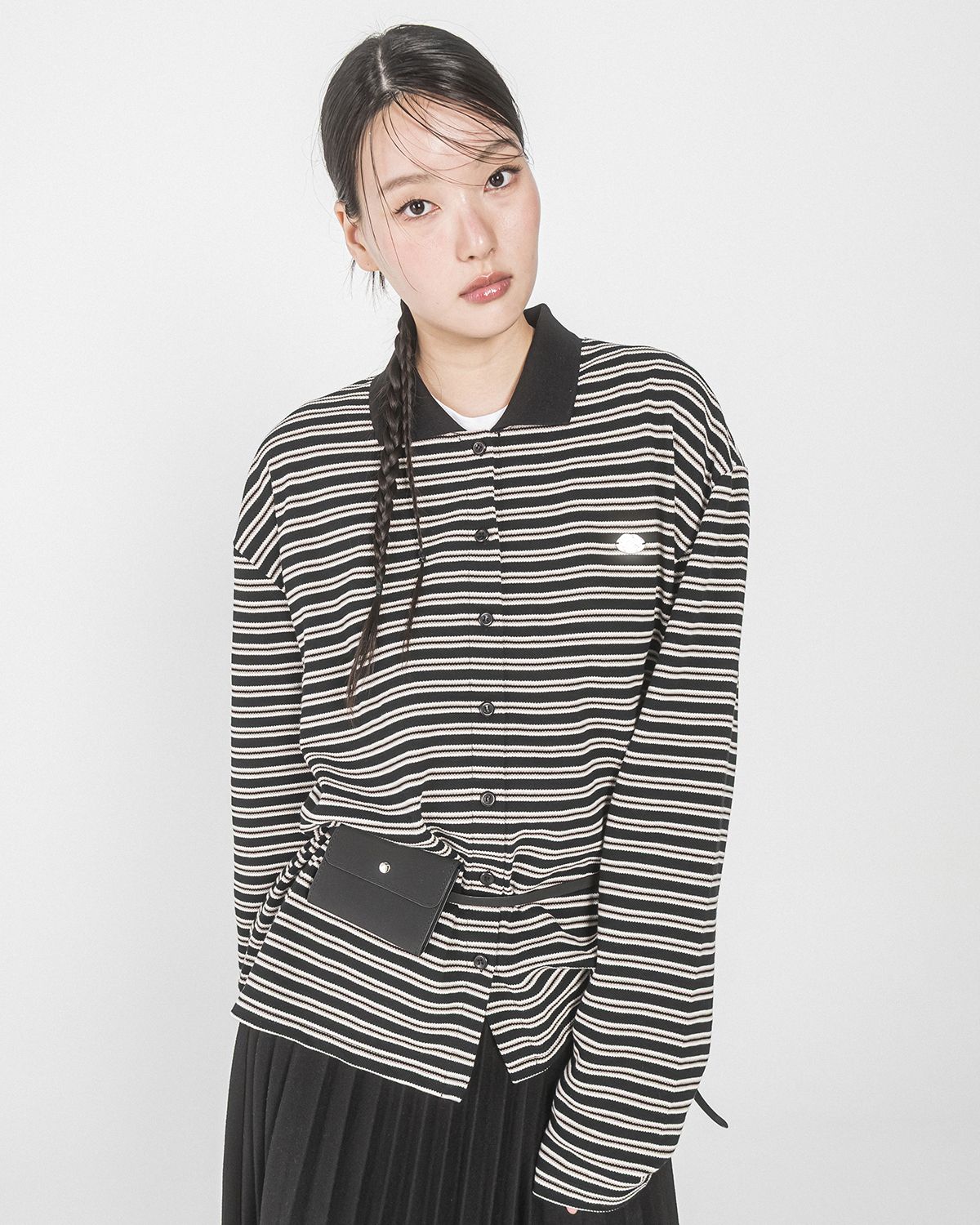 해비즘(HAVISM) AURORA STRIPE COLLAR CARDIGAN(BLACK)