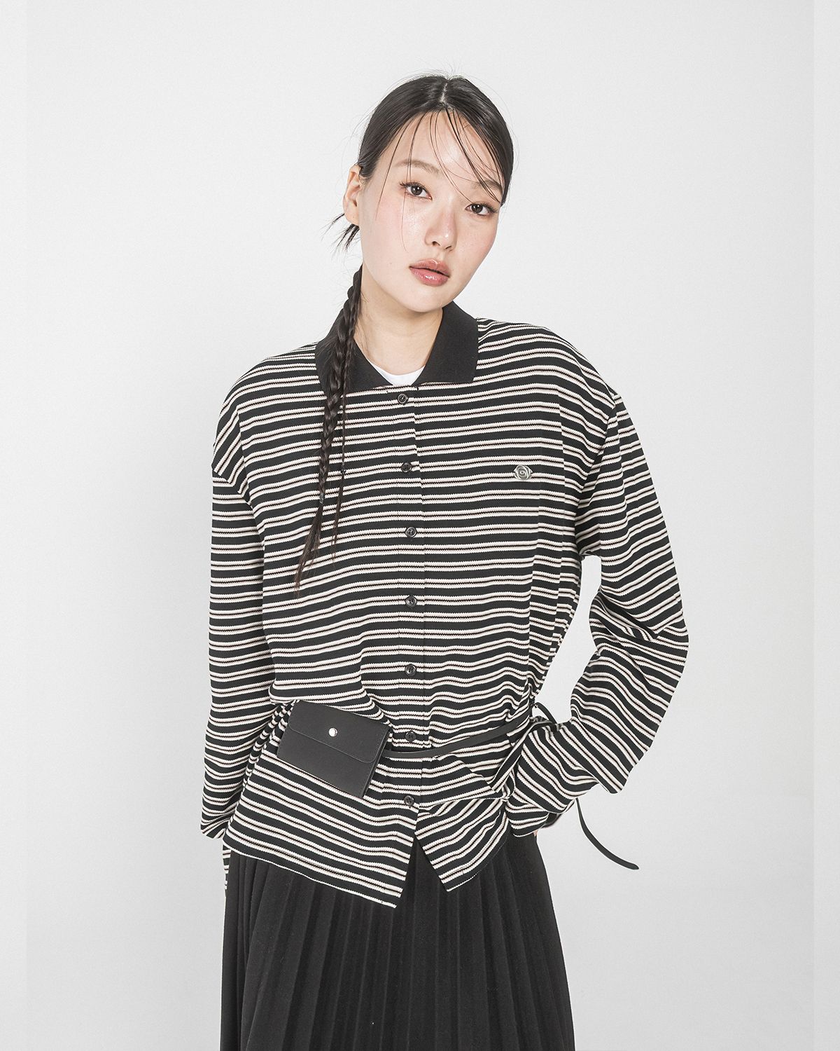 해비즘(HAVISM) AURORA STRIPE COLLAR CARDIGAN(BLACK)