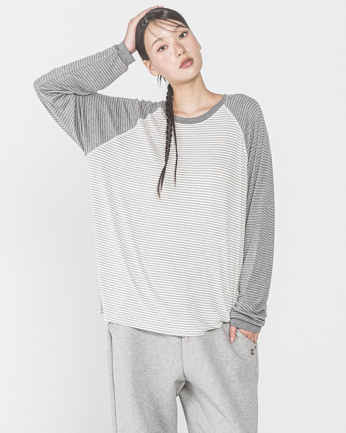 해비즘(HAVISM) TWO TONE STRIPE RAGLAN L/S TEE(GREY)