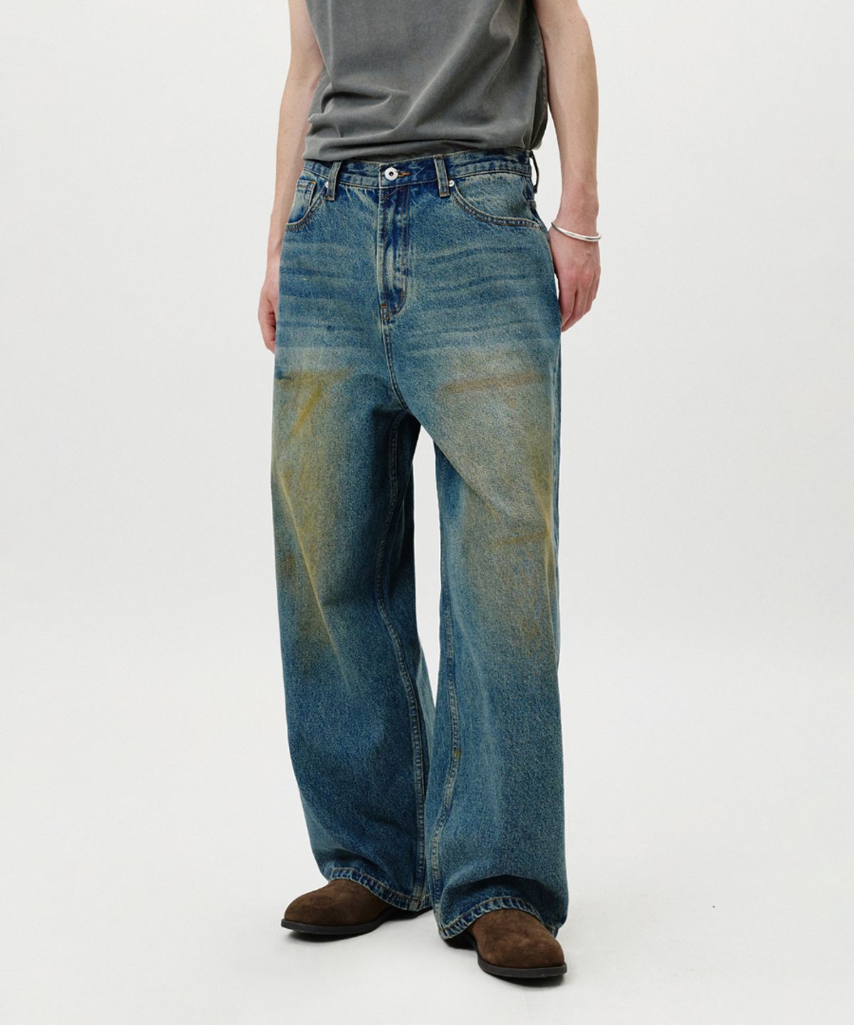 노페이머스(NOFAMOUS) Dirty Washed Wide Jeans (Blue)