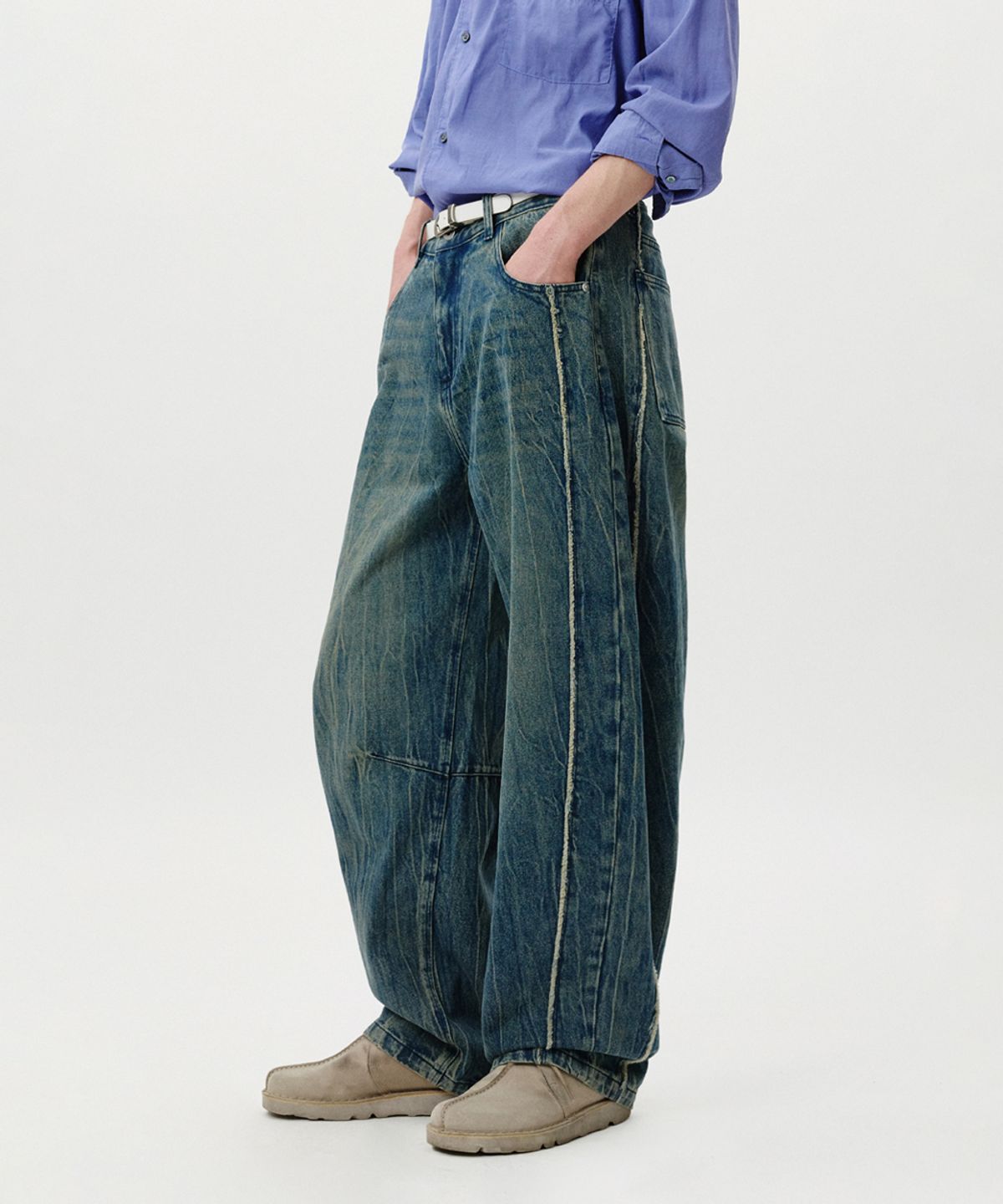 노페이머스(NOFAMOUS) Wide Balloon Panel Washing Jeans (Blue)