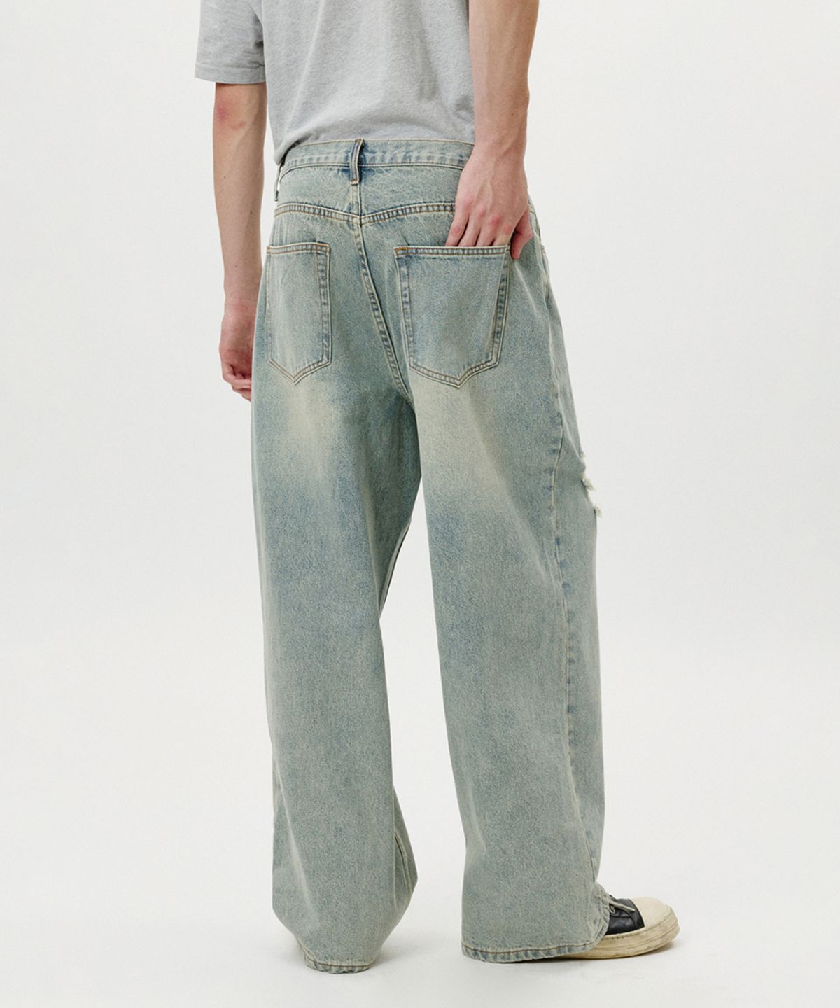 노페이머스(NOFAMOUS) Damage Washed Wide Jeans (Light Blue)