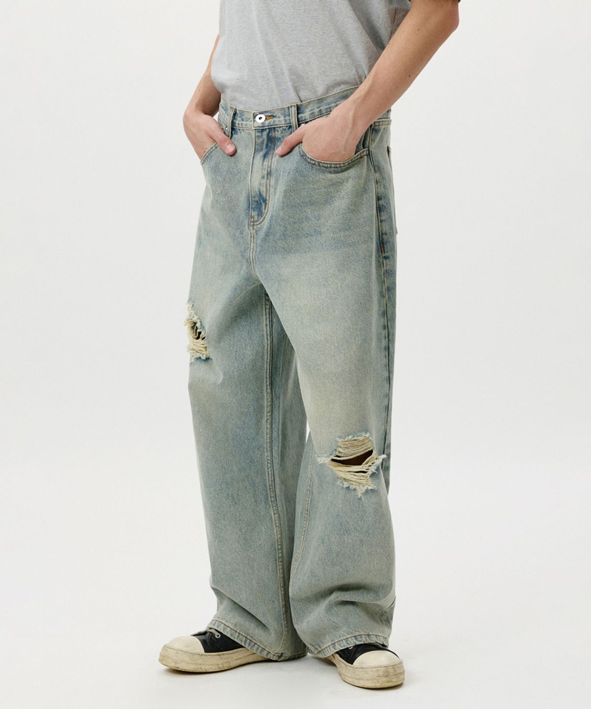 노페이머스(NOFAMOUS) Damage Washed Wide Jeans (Light Blue)
