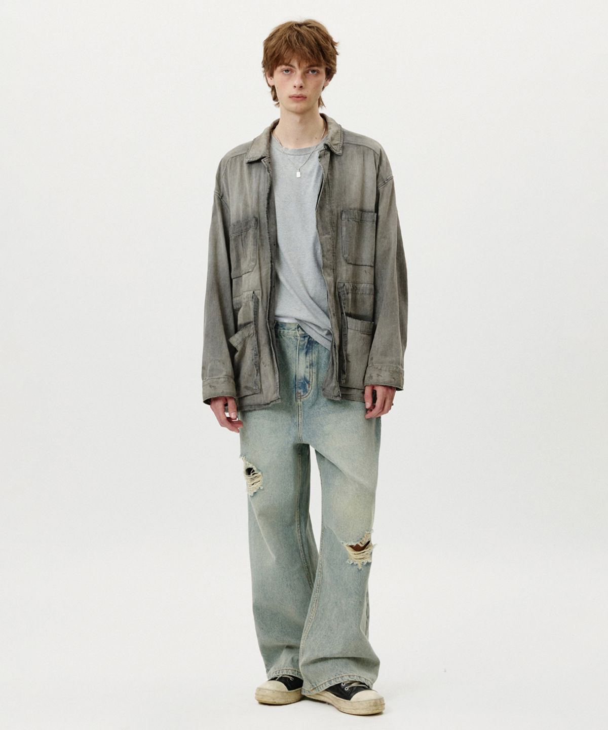노페이머스(NOFAMOUS) Damage Washed Wide Jeans (Light Blue)