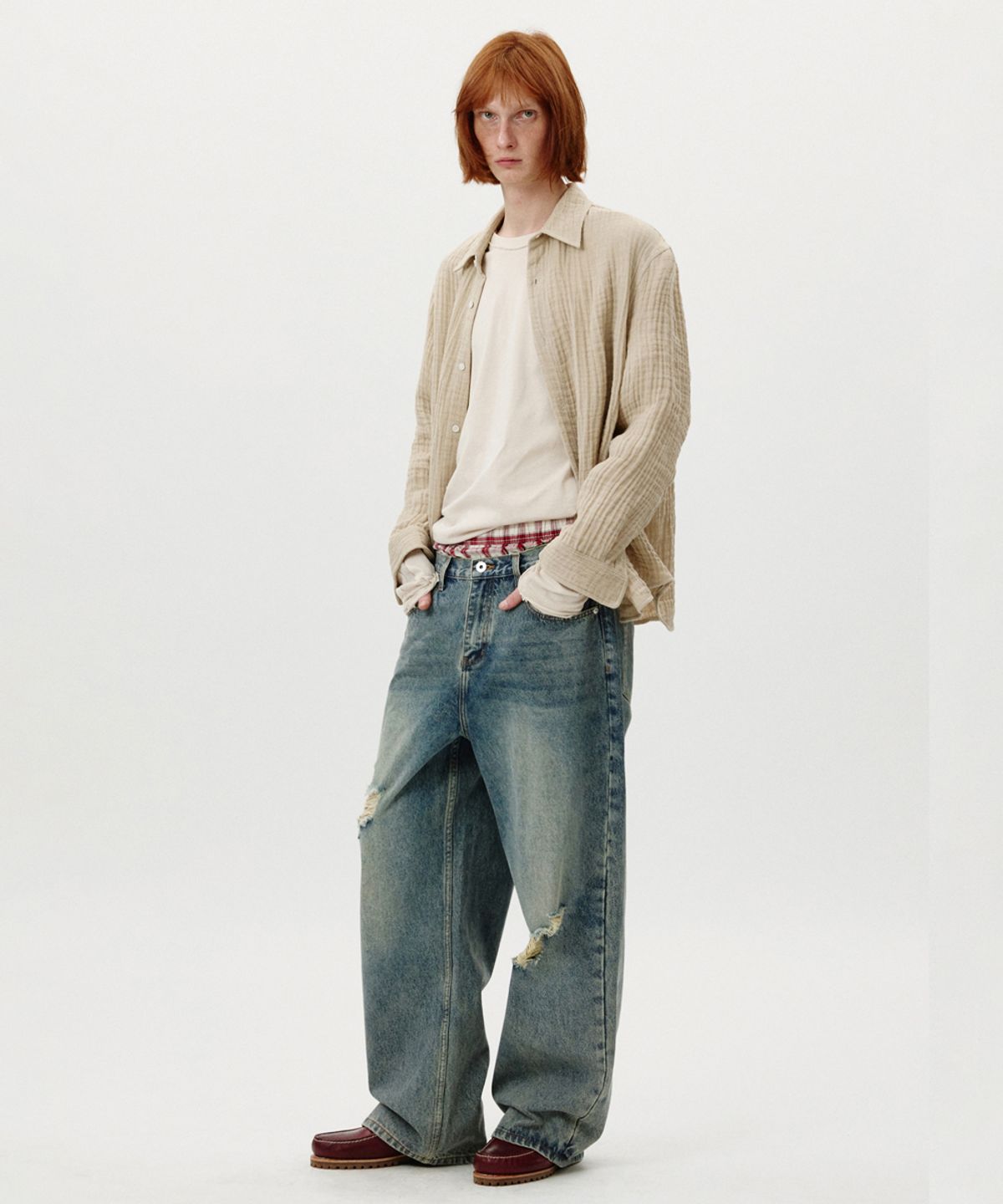 노페이머스(NOFAMOUS) Damage Washed Wide Jeans (Blue)