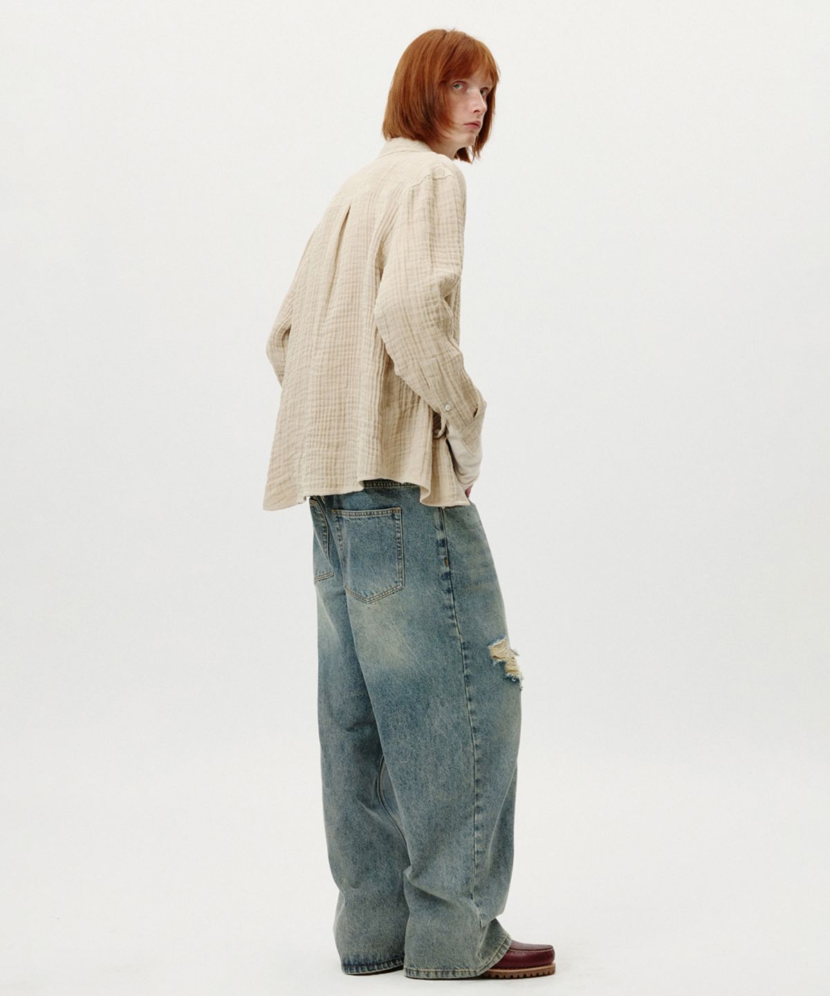 노페이머스(NOFAMOUS) Damage Washed Wide Jeans (Blue)