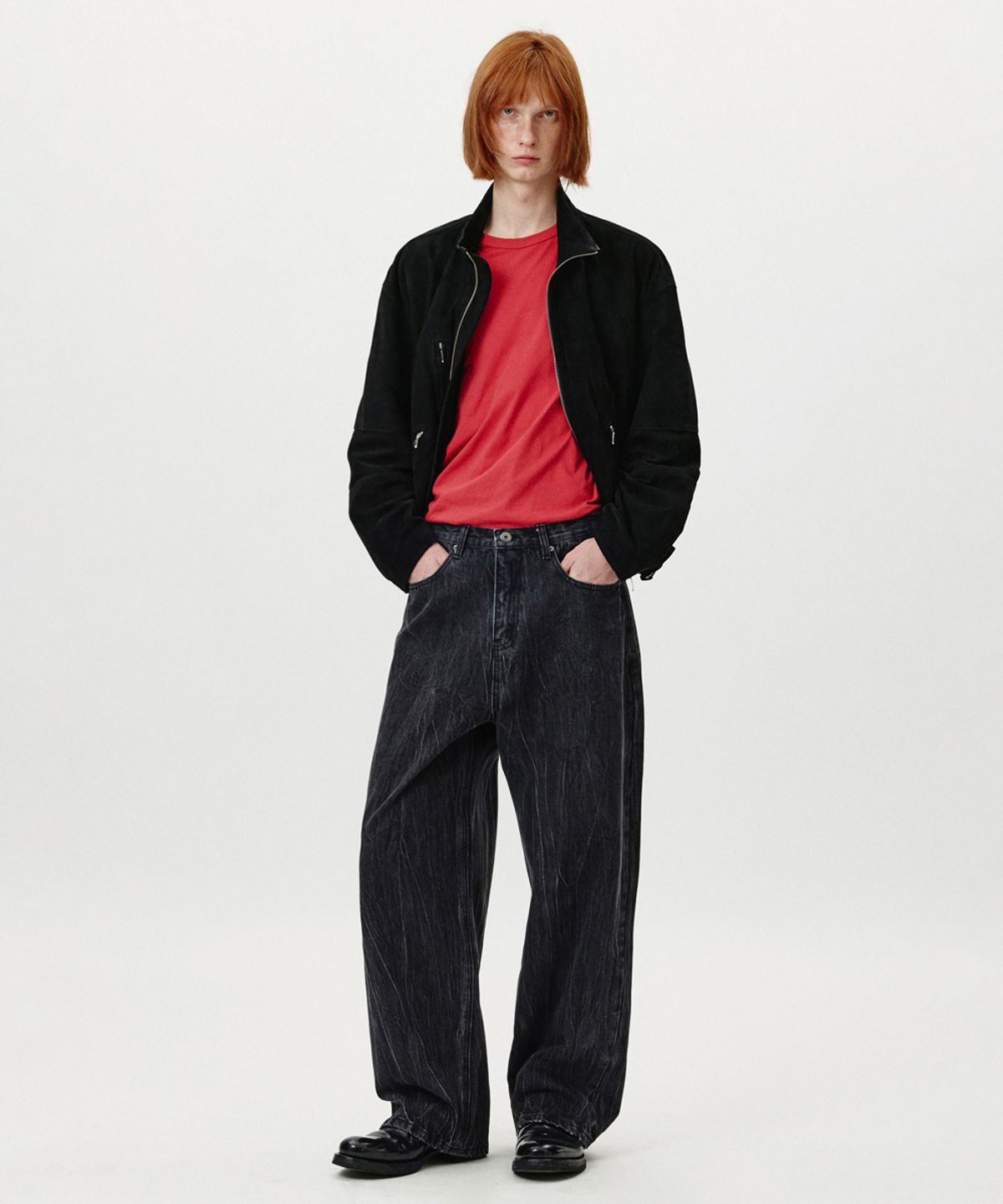 노페이머스(NOFAMOUS) Wrinkle Washing Wide Jeans (Black)