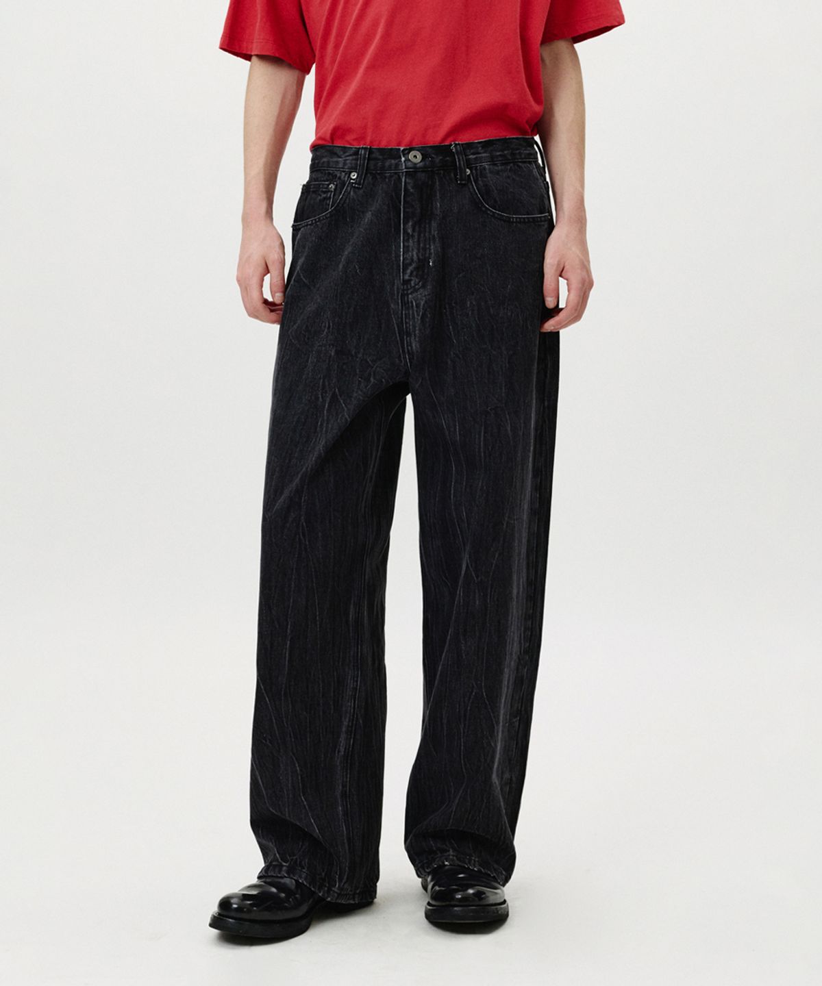 노페이머스(NOFAMOUS) Wrinkle Washing Wide Jeans (Black)
