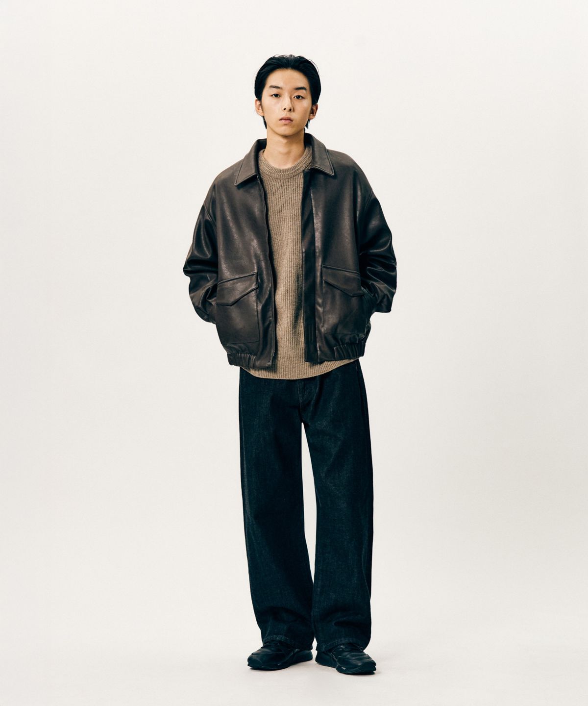 에스피오나지(ESPIONAGE) Flight Bomber Jacket (Faux Leather) Dark Brown