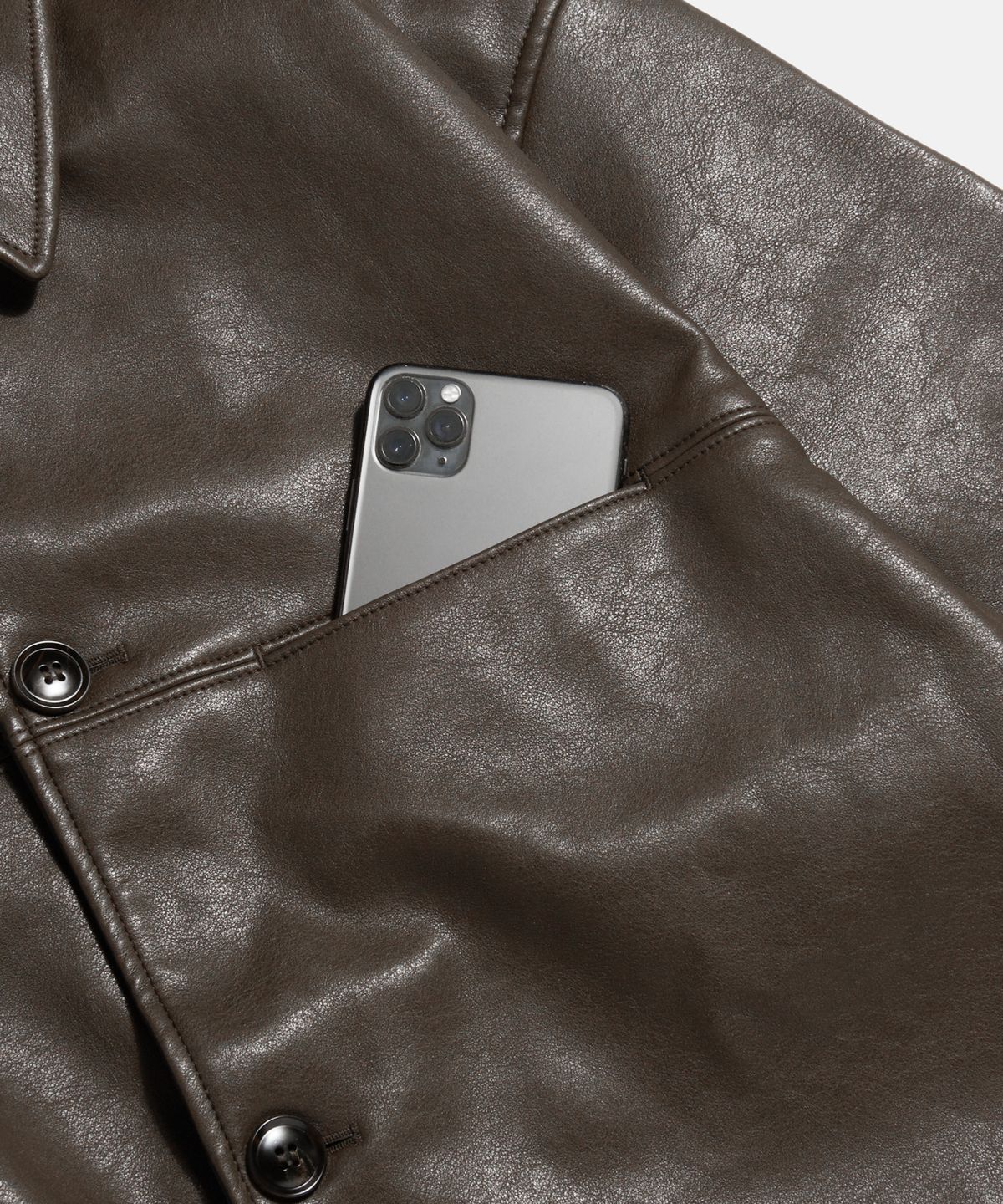 에스피오나지(ESPIONAGE) Car Coat (Faux Leather) Dark Brown